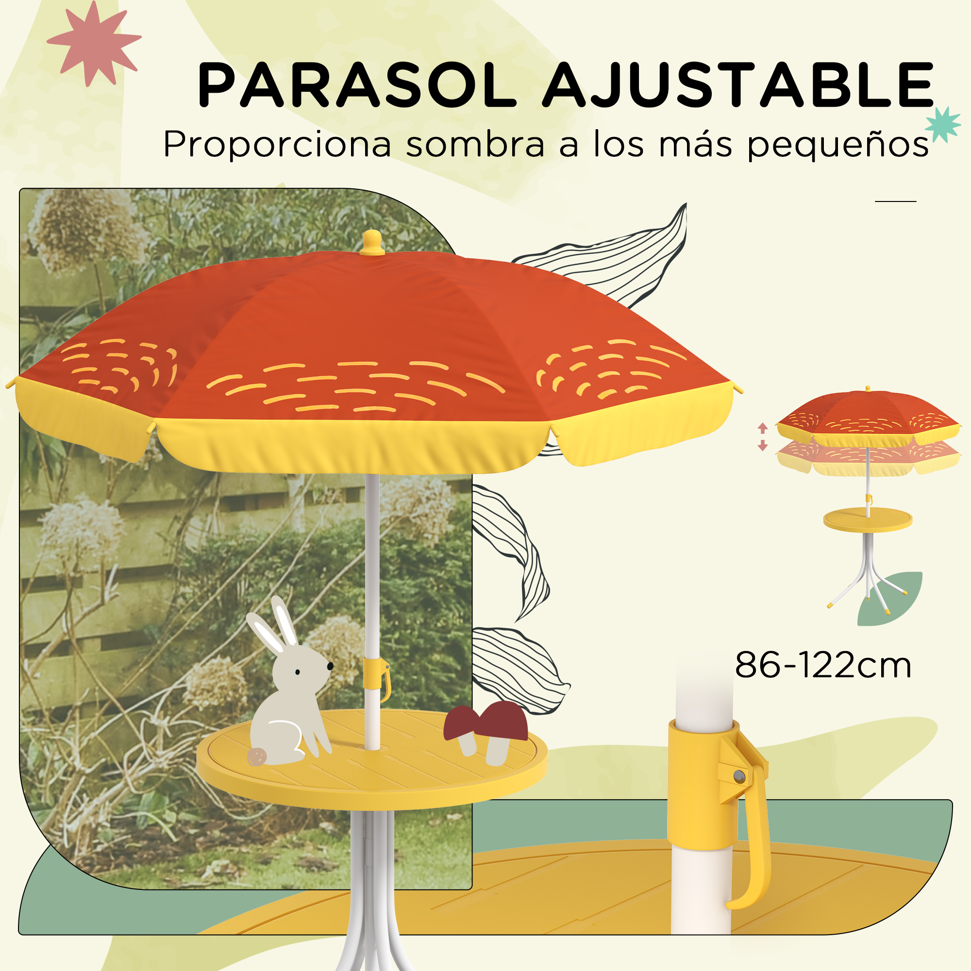 Un paraguas rojo con borde amarillo sobre mesa amarilla con figura de conejo.