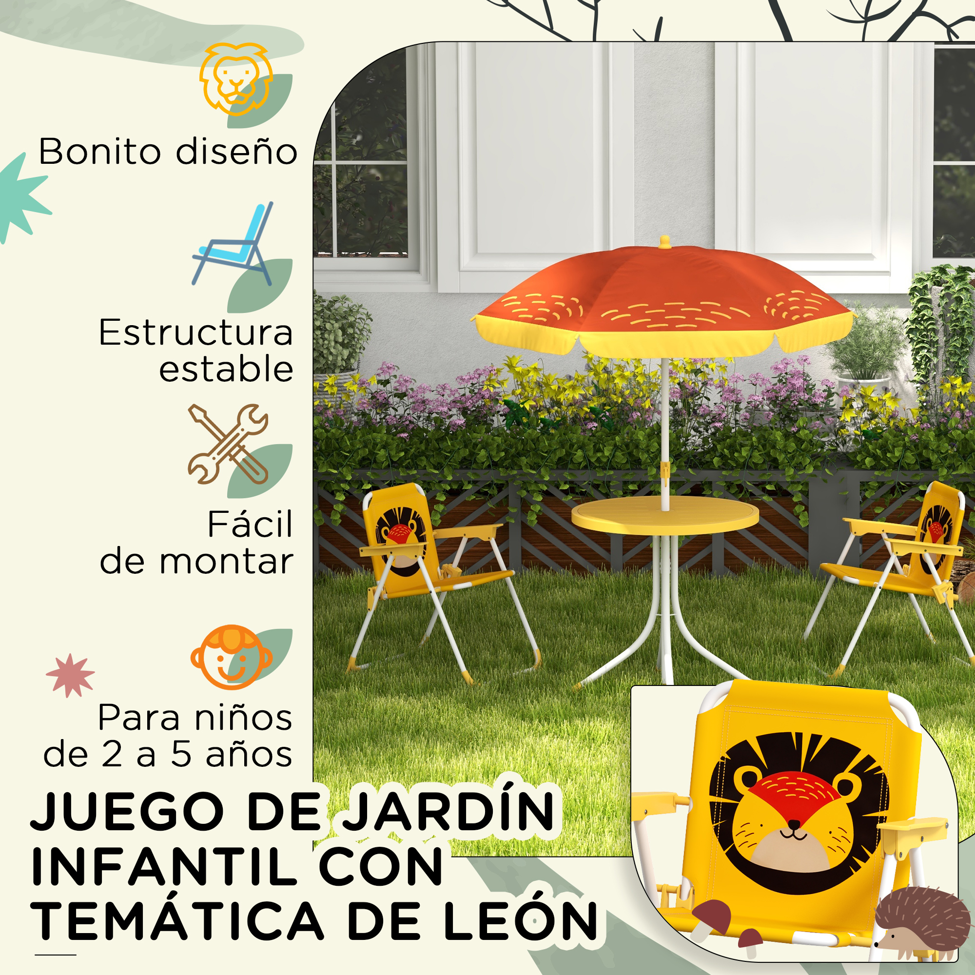 Conjunto de jardín infantil amarillo con león, sombrilla y mesa en césped.