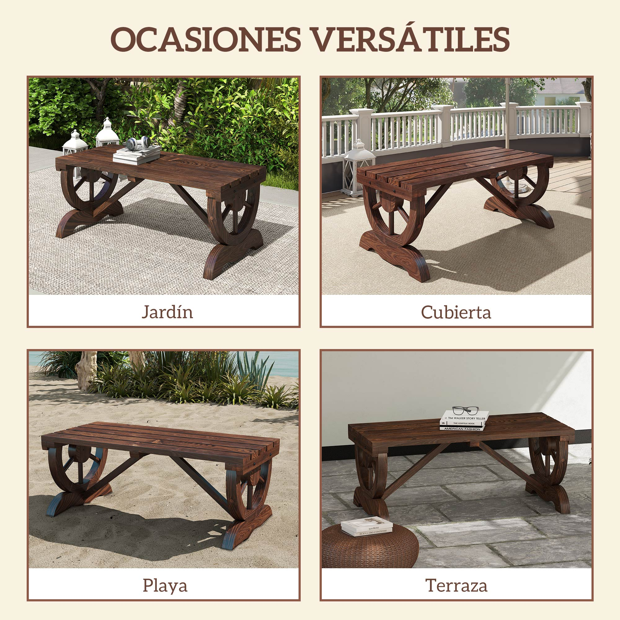 Un banco de madera en jardín, terraza, playa y patio.