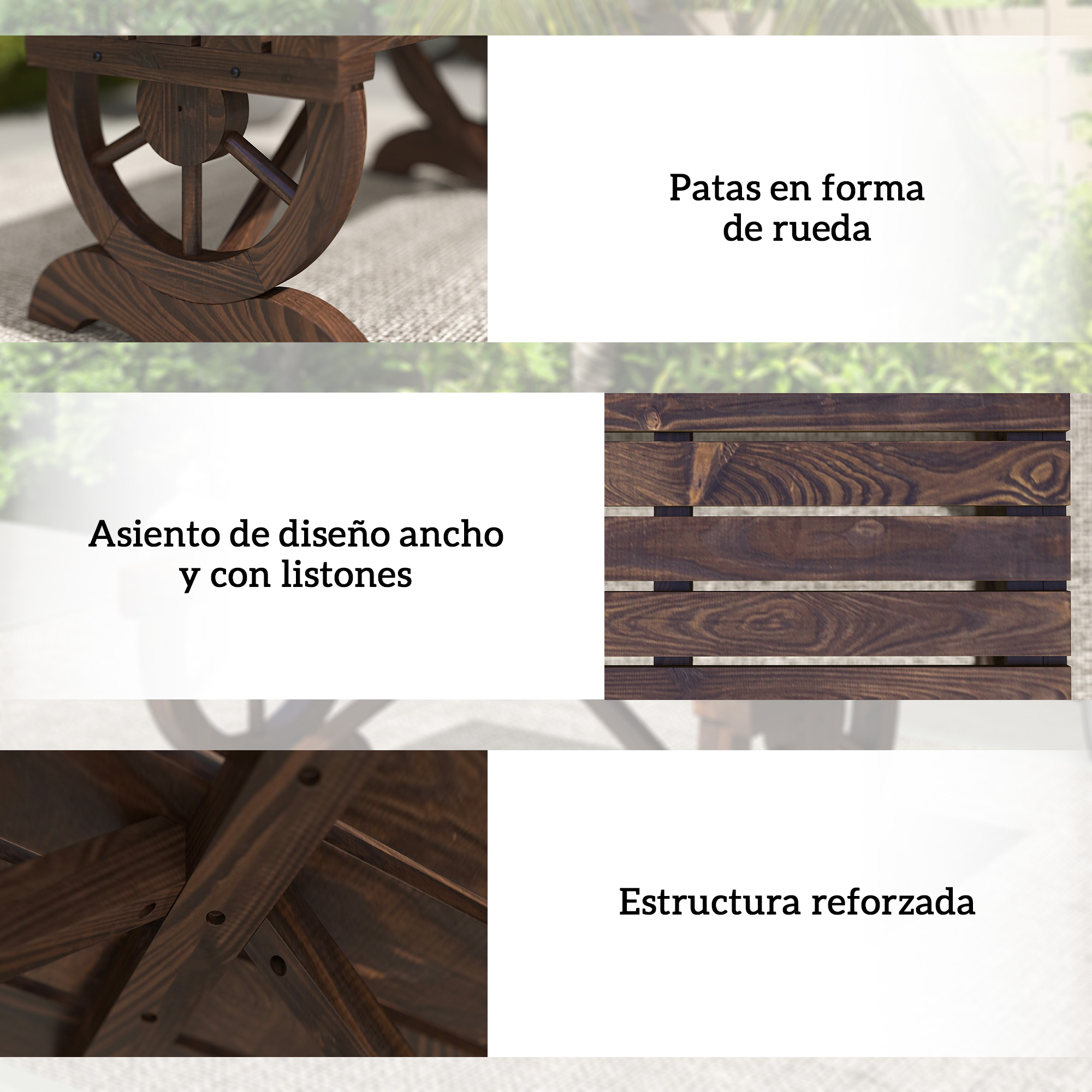 Muebles de madera marrón oscuro con patas de rueda y asiento de listones.