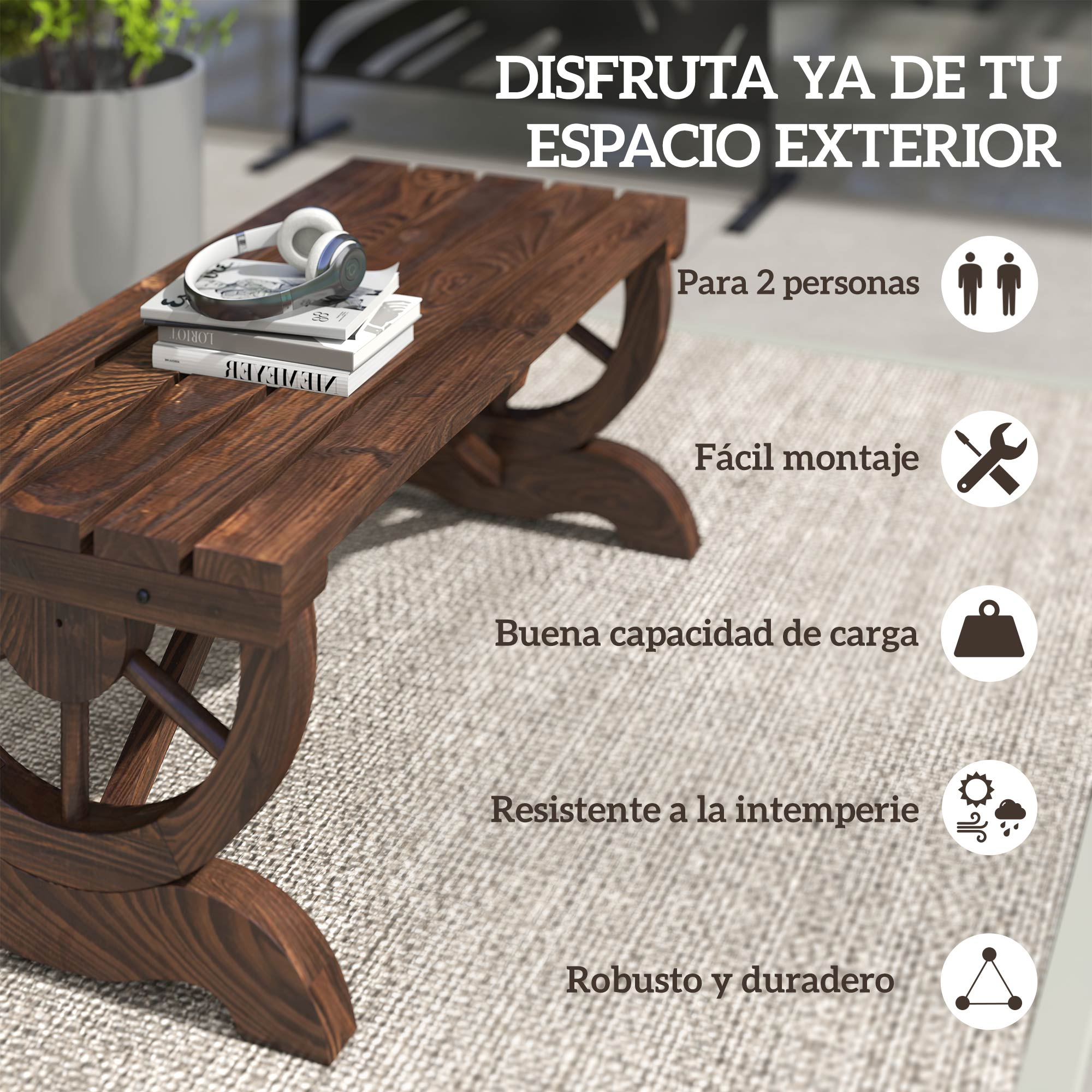 Mesa de madera con libros y auriculares. Texto: Disfruta tu espacio exterior.