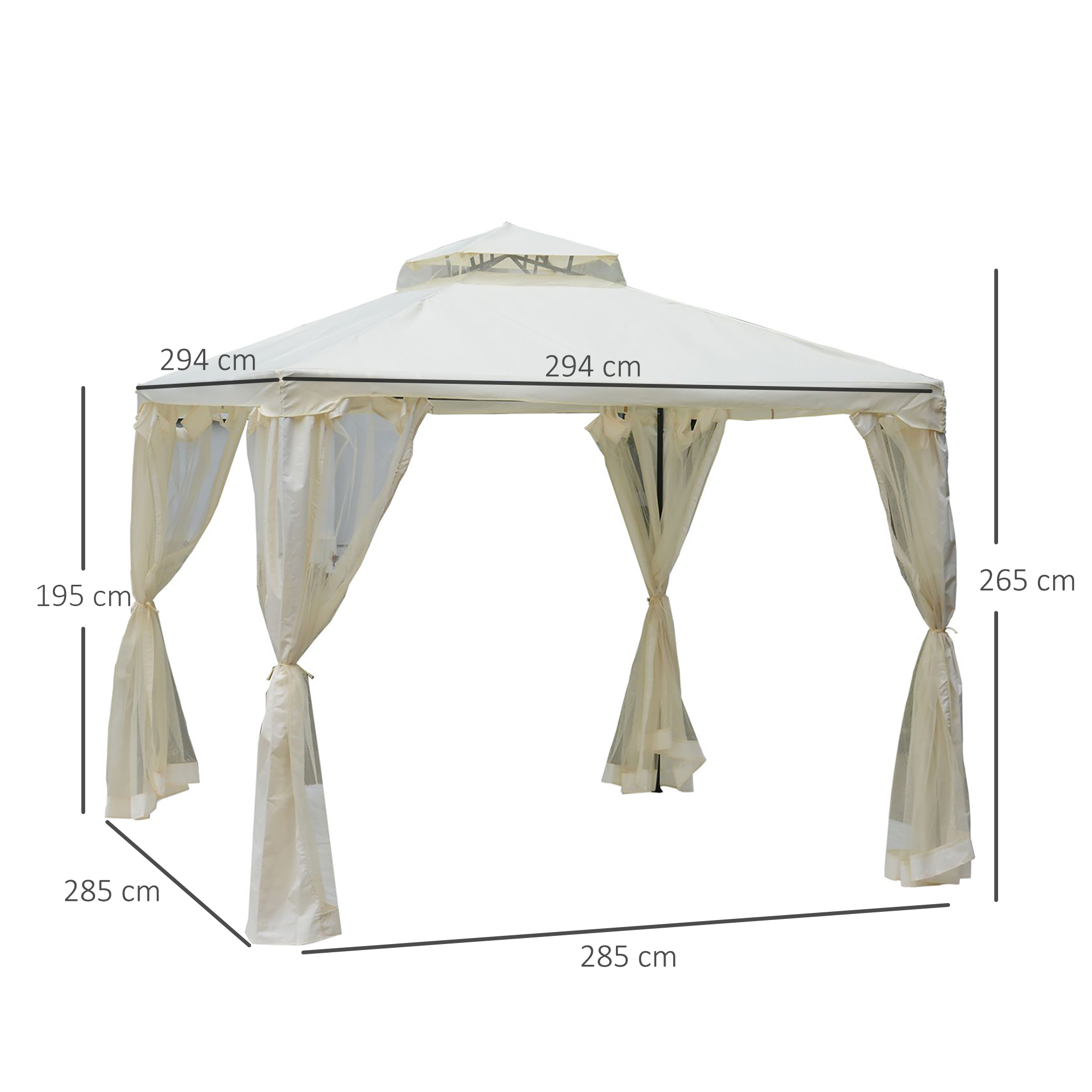 Un cenador beige con cortinas y dimensiones.
