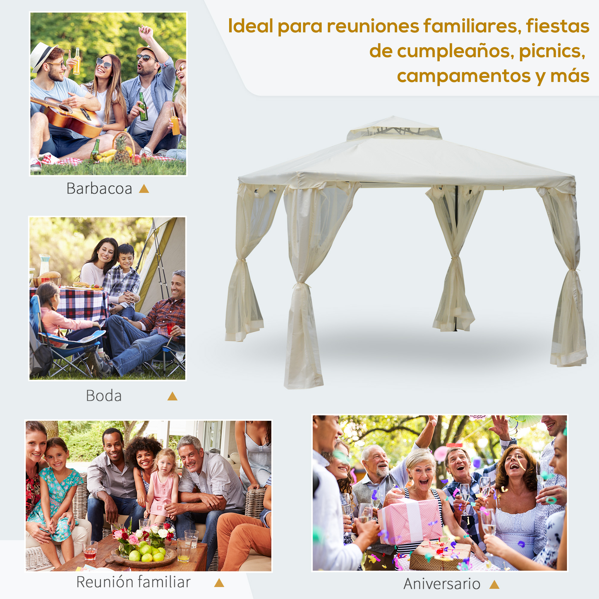 Cuatro amigos celebrando al aire libre con guitarra y bebidas.