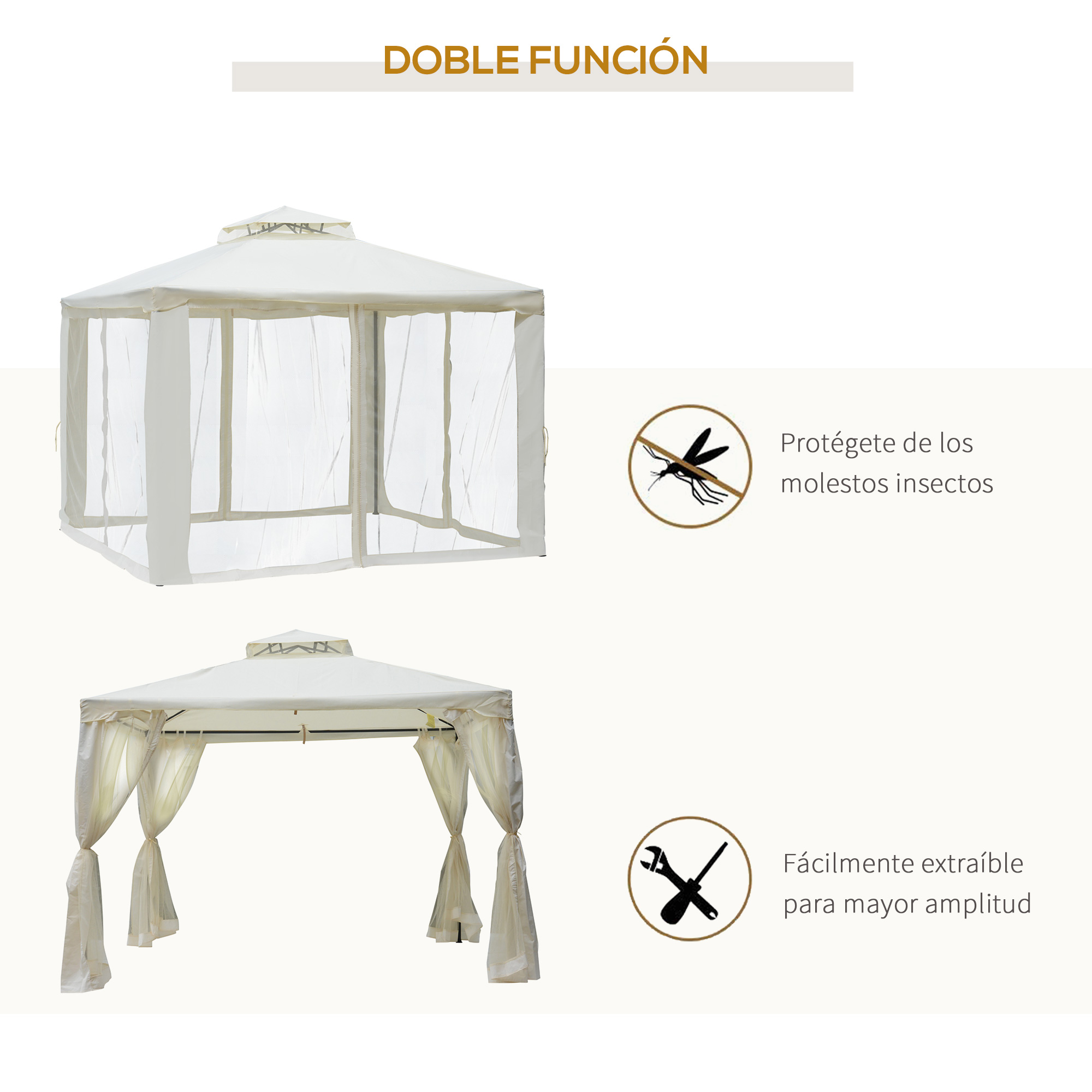 Un gazebo blanco con cortinas transparentes y protección antimosquitos. Icono de herramienta.