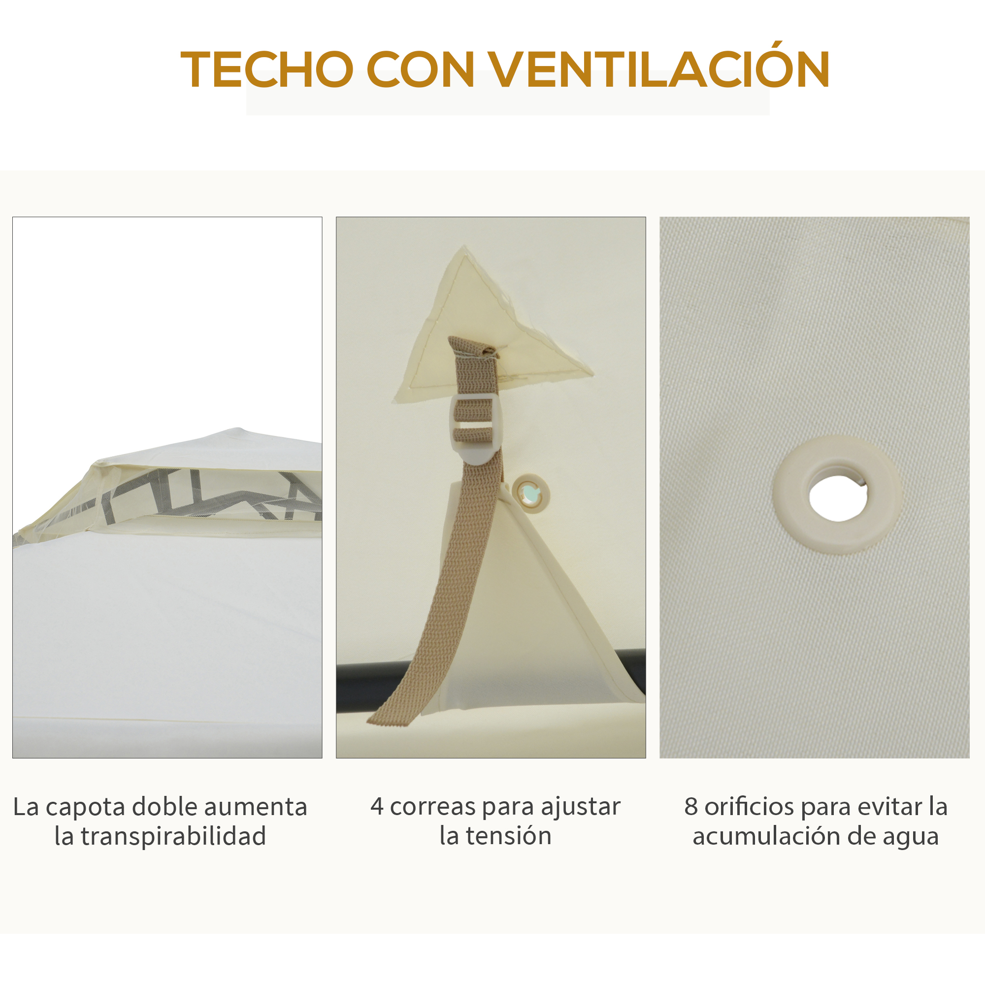 Techo con ventilación: doble capota, 4 correas, 8 ojales.