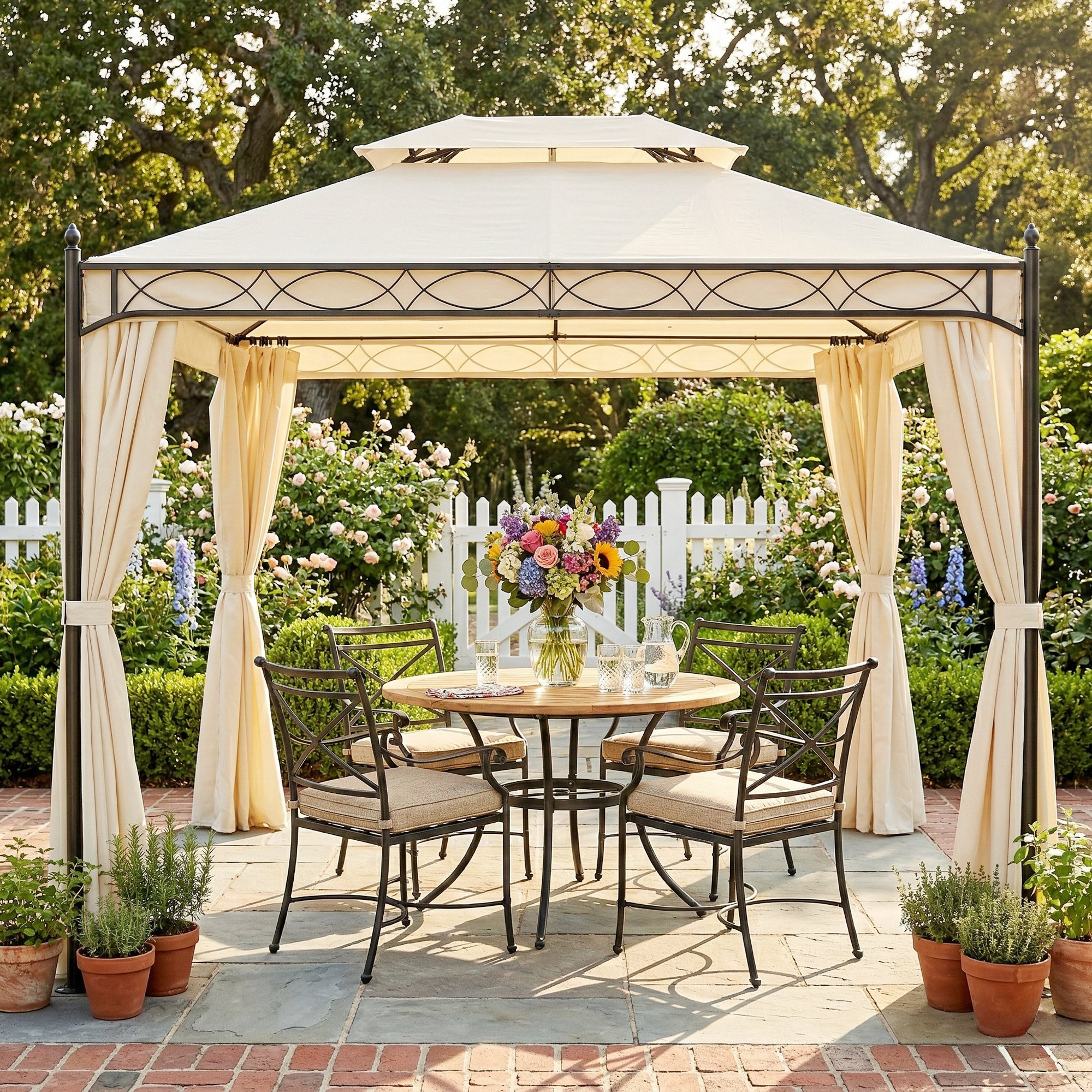 Una carpa exterior estilo cenador con mesa de madera y cuatro sillas, adornada con flores.