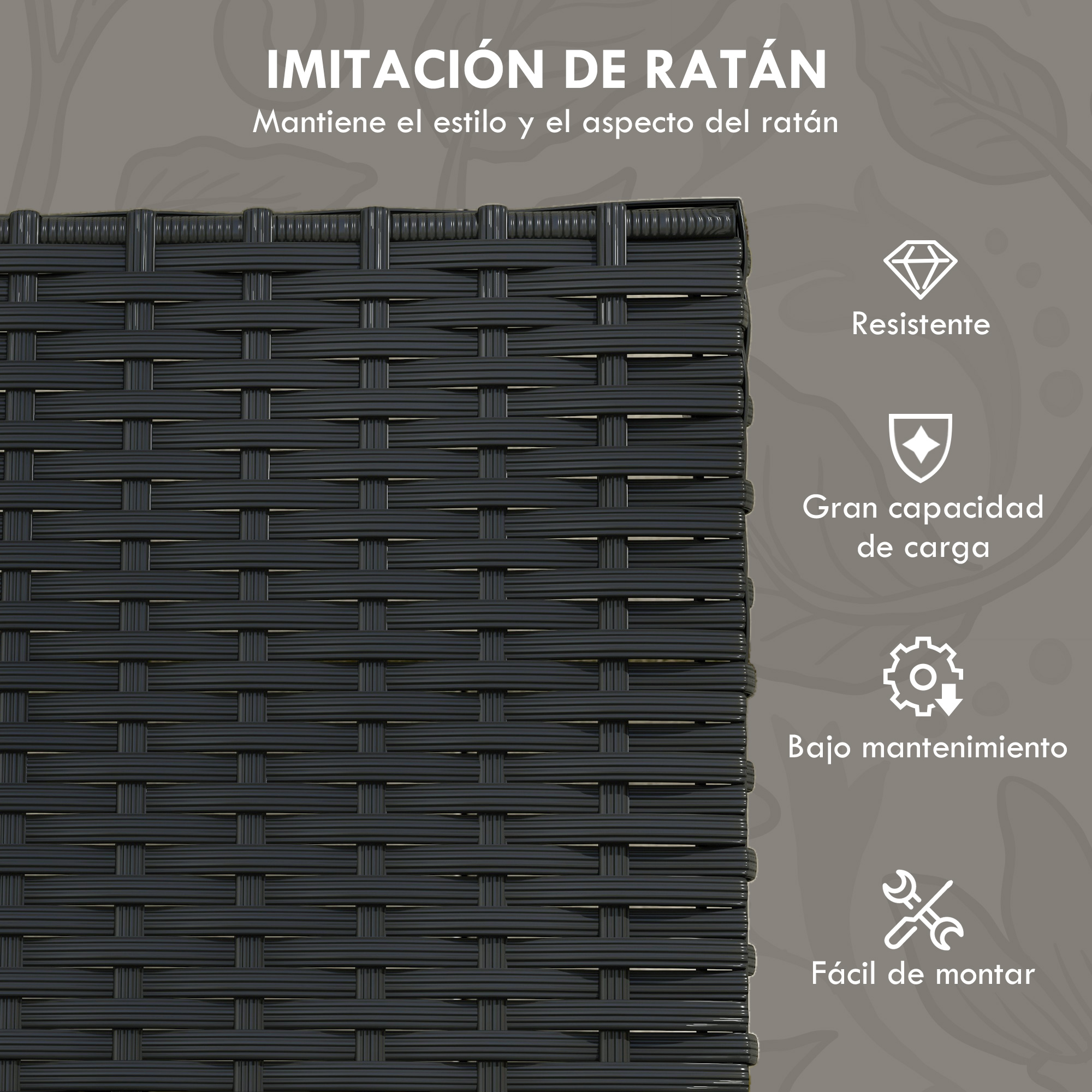 Primer plano de tejido de ratán oscuro con iconos de resistencia, carga, bajo mantenimiento y montaje.