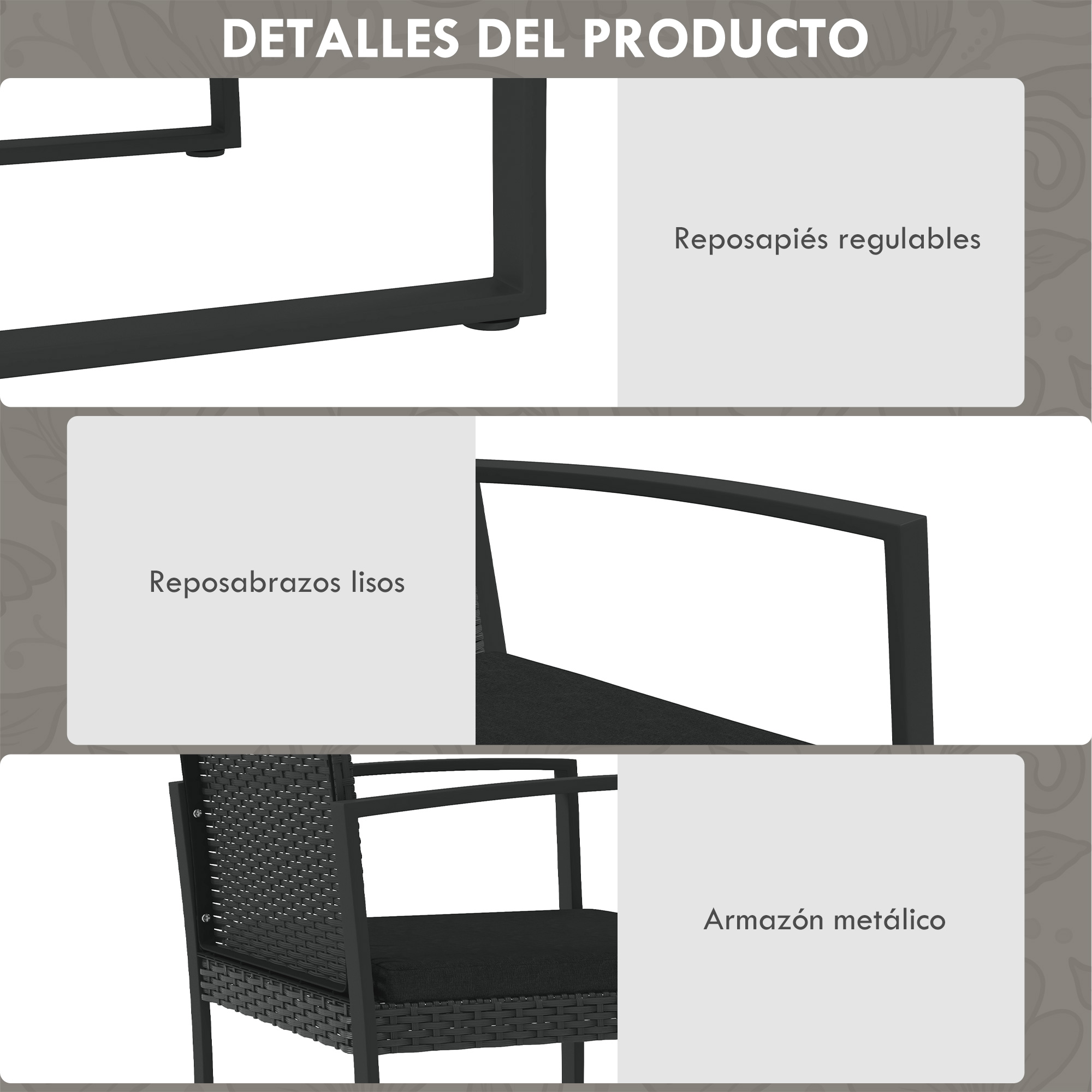 Vistas del producto: reposapiés ajustables, reposabrazos lisos, marco metálico.