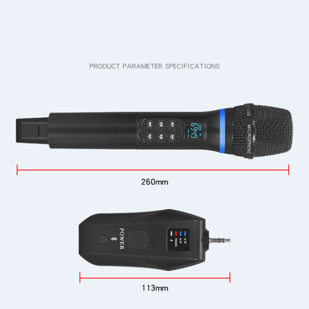Czarny mikrofon i nadajnik. Wymiary: 260mm i 113mm.