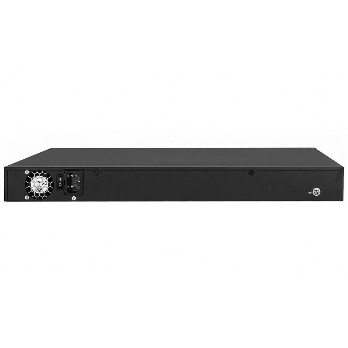 Dispositivo de red negro con ventilador, interruptor de encendido y puertos traseros.