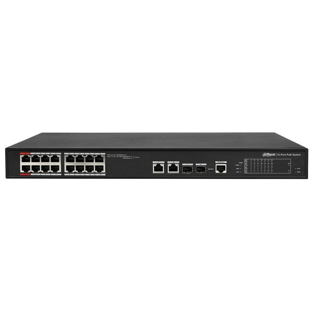 Un switch PoE negro de 16 puertos con múltiples puertos Ethernet y LEDs de estado.