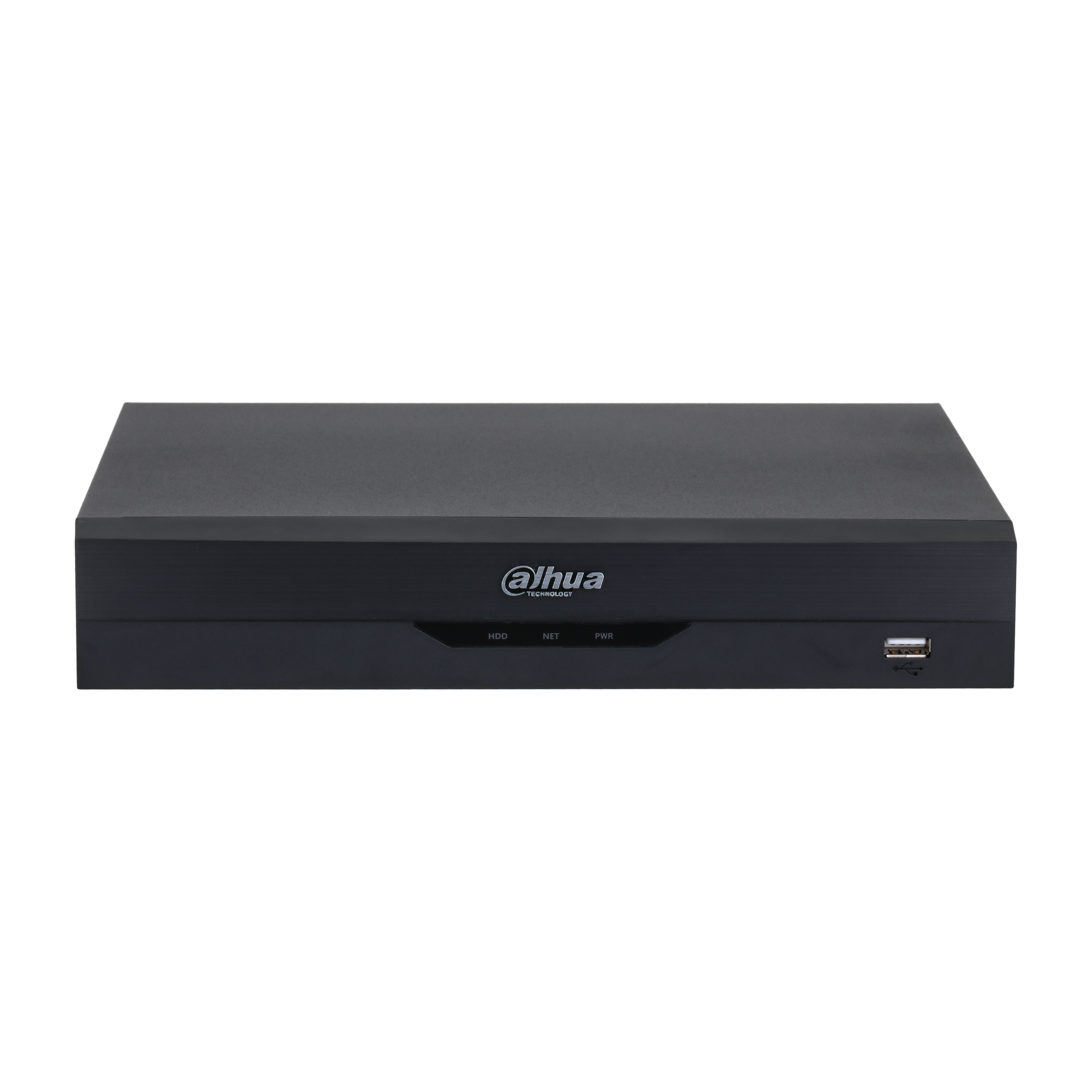 Dahua logosu, HDD, NET, PWR göstergeleri ve USB bağlantı noktası olan siyah DVR.