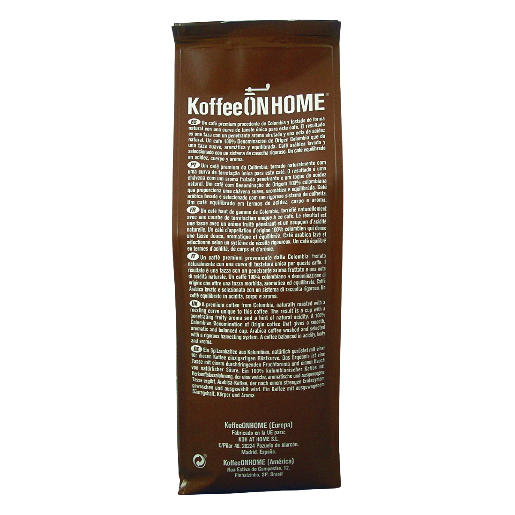 Embalaje Koffee ON HOME con descripción multilingüe de café colombiano.