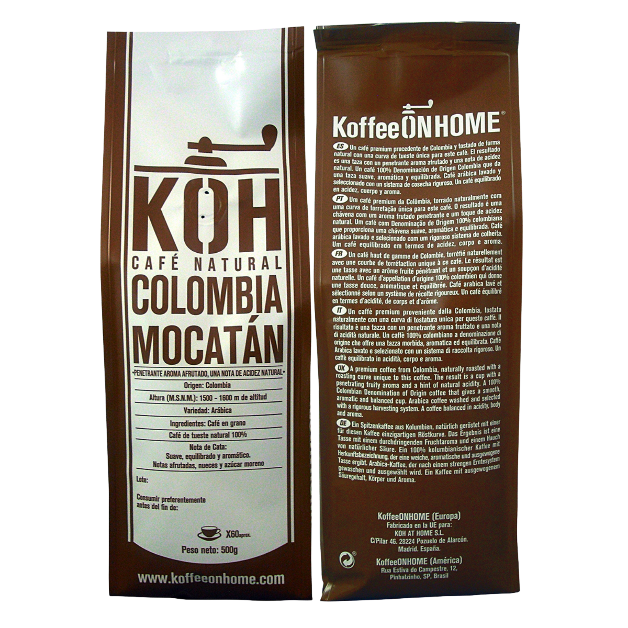 Bolsa de café con texto "KOH CAFÉ NATURAL COLOMBIA MOCATÁN".