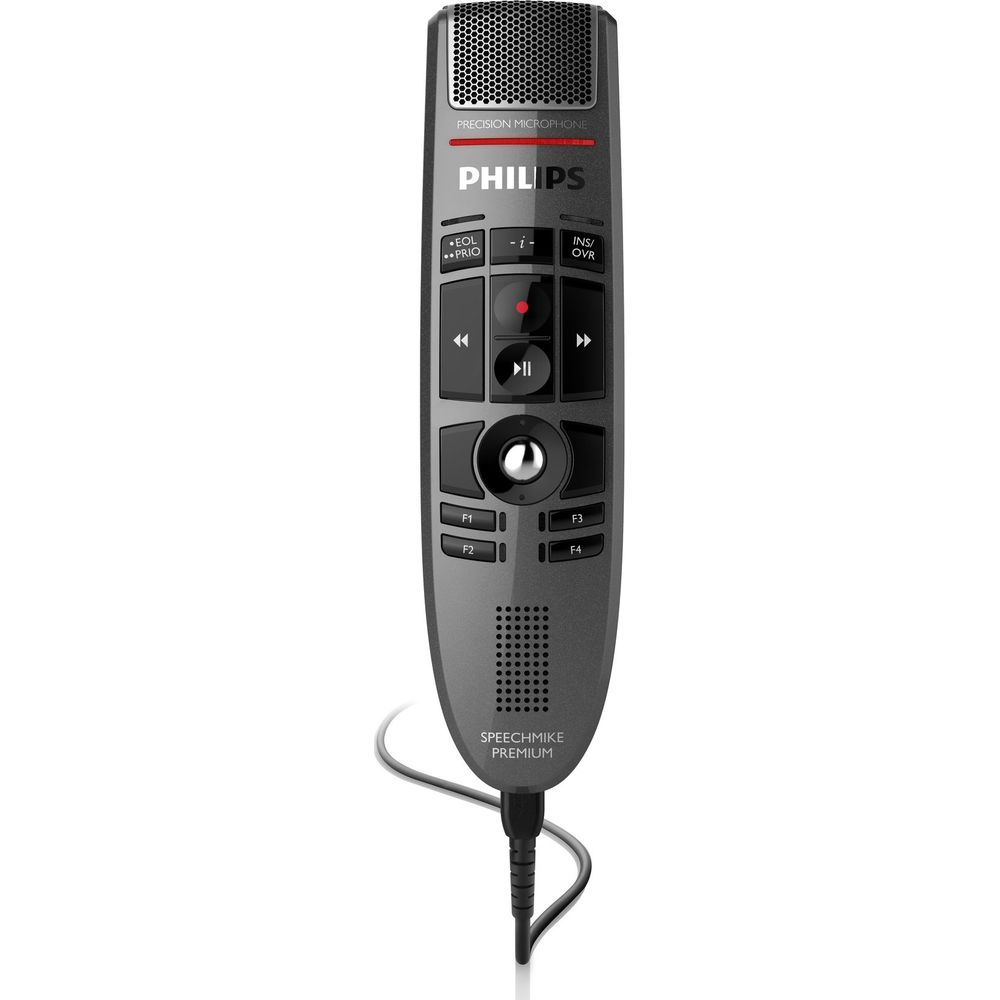 Philips SpeechMike Premium grigio con controlli e cavo.