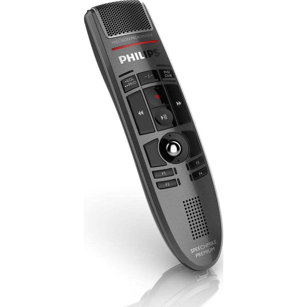 Un Philips SpeechMike Premium grigio con controlli e microfono.
