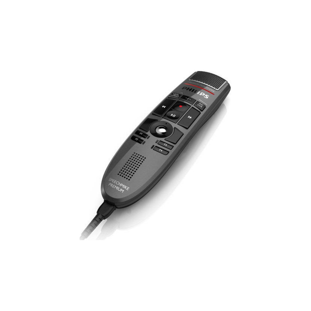 Un dispositivo di dettatura Philips SpeechMike Premium grigio con controlli e cavo.