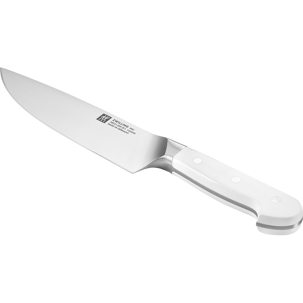 Ein weißes Kochmesser mit silbernem Griff und silberner Klinge.