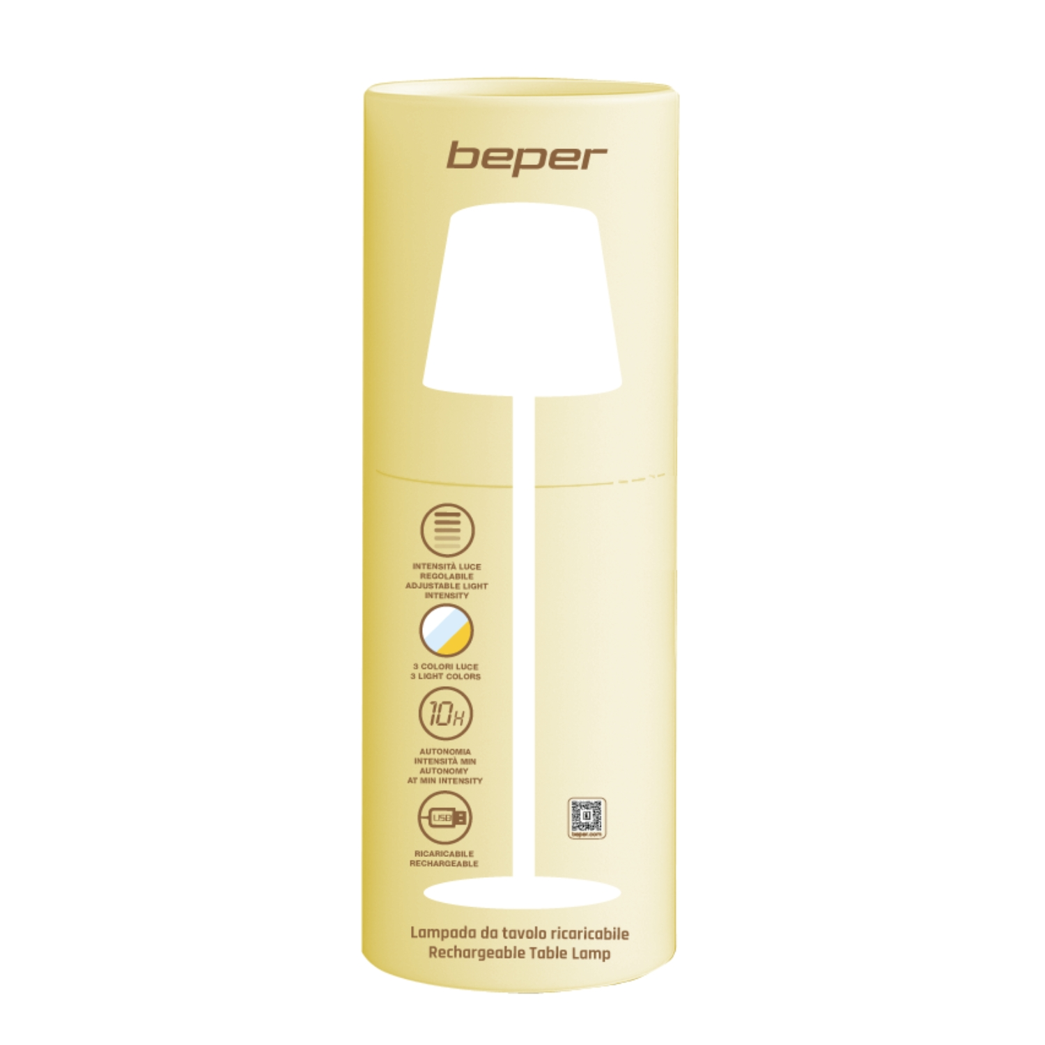 Un cilindro giallo con silhouette di lampada e info.