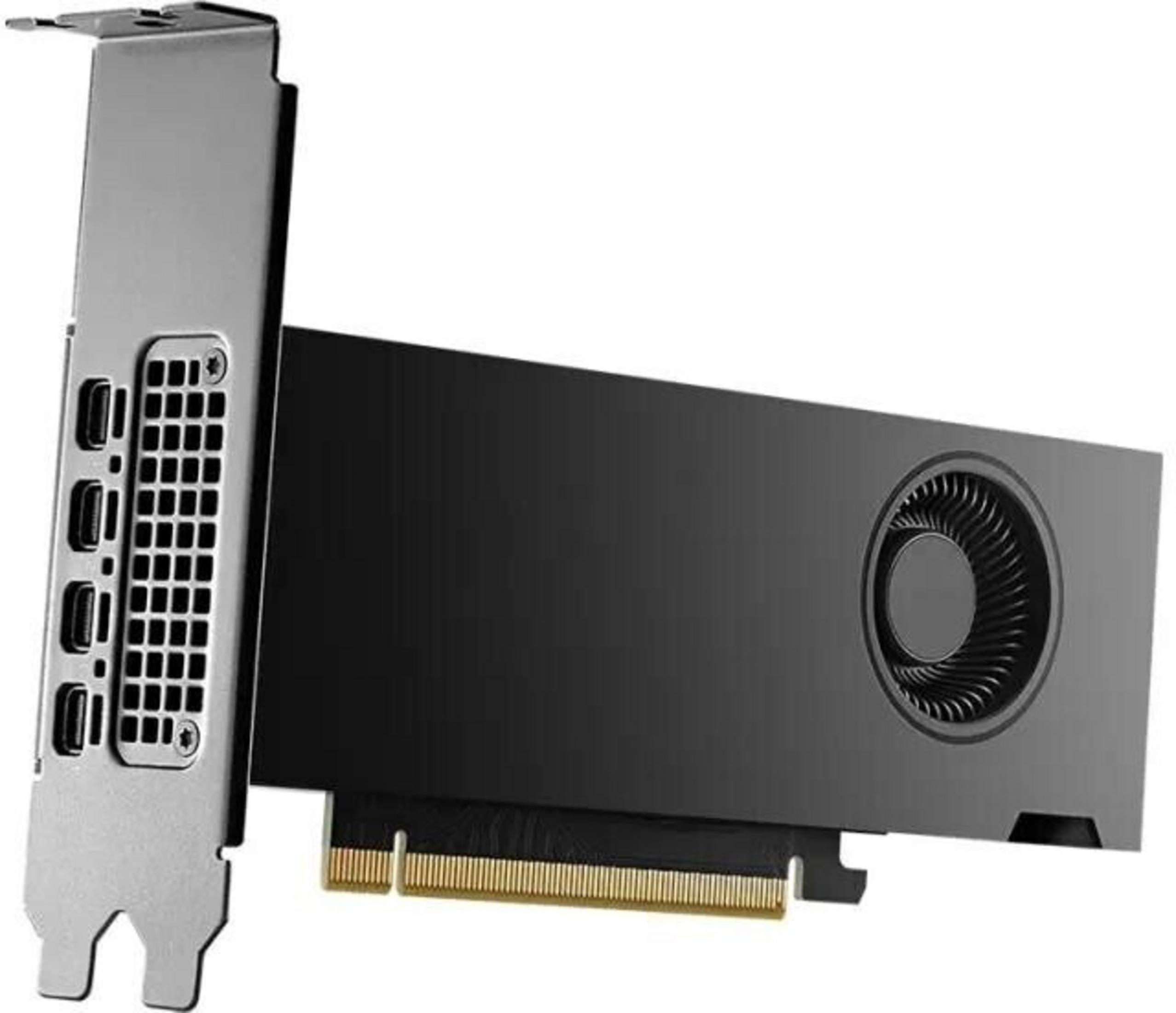 Carte graphique noire avec ventilateur et ports, sur fond blanc.