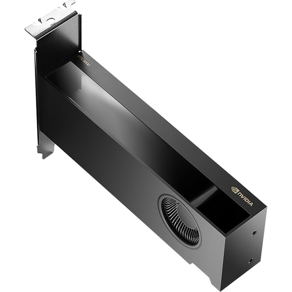 Carte graphique Nvidia RTX 2000 noire avec ventilateur et support argenté.