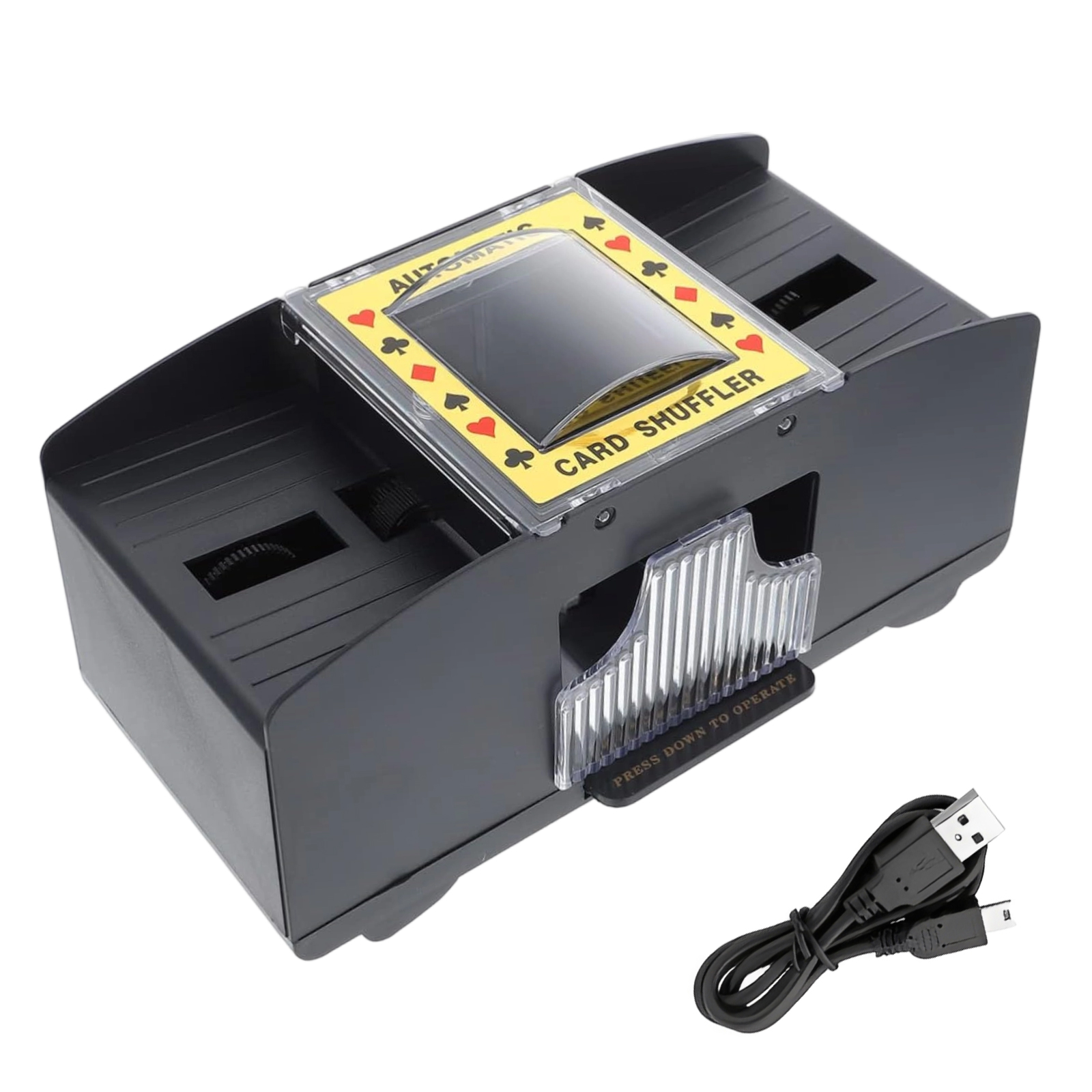 Schwarzer Kartenmischer mit gelbem Rand, Spielkartensymbolen und USB-Kabel.