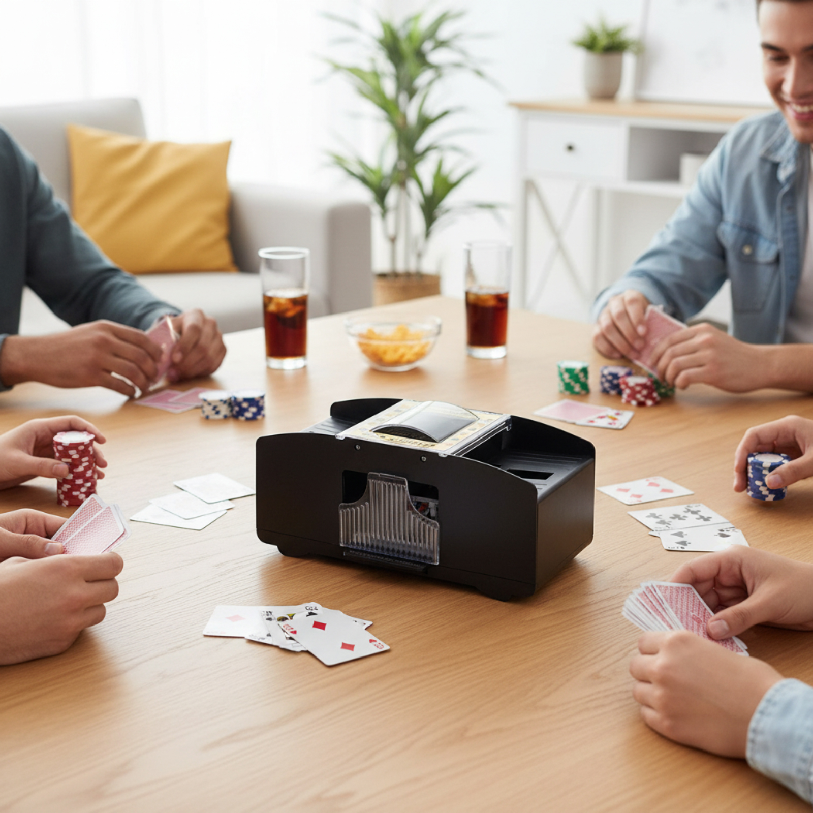 Personen spielen Karten mit einem automatischen Kartengeber, Chips und Getränken.