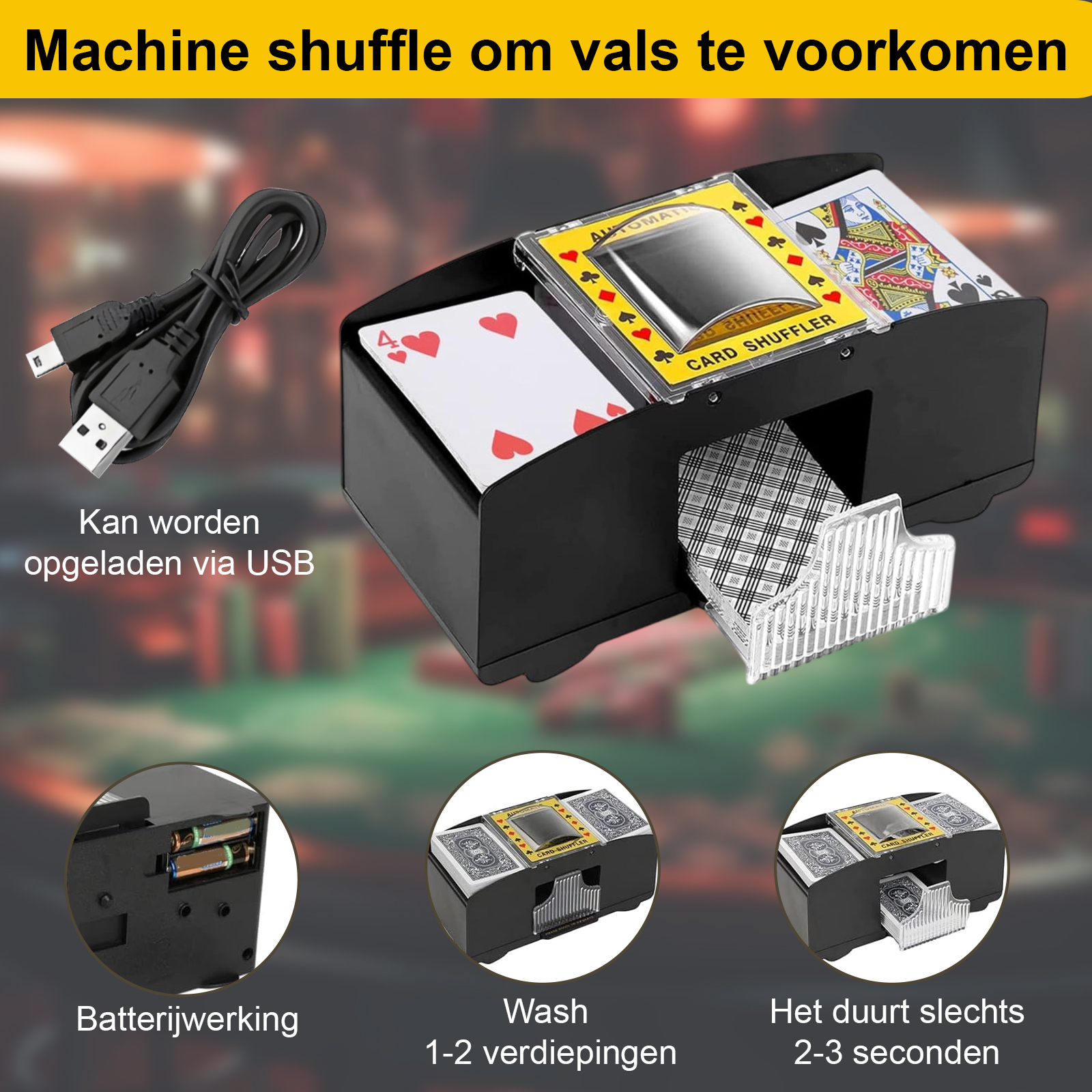 Ein schwarzer Kartenmischer mit USB-Kabel und Spielkarten wird gezeigt.