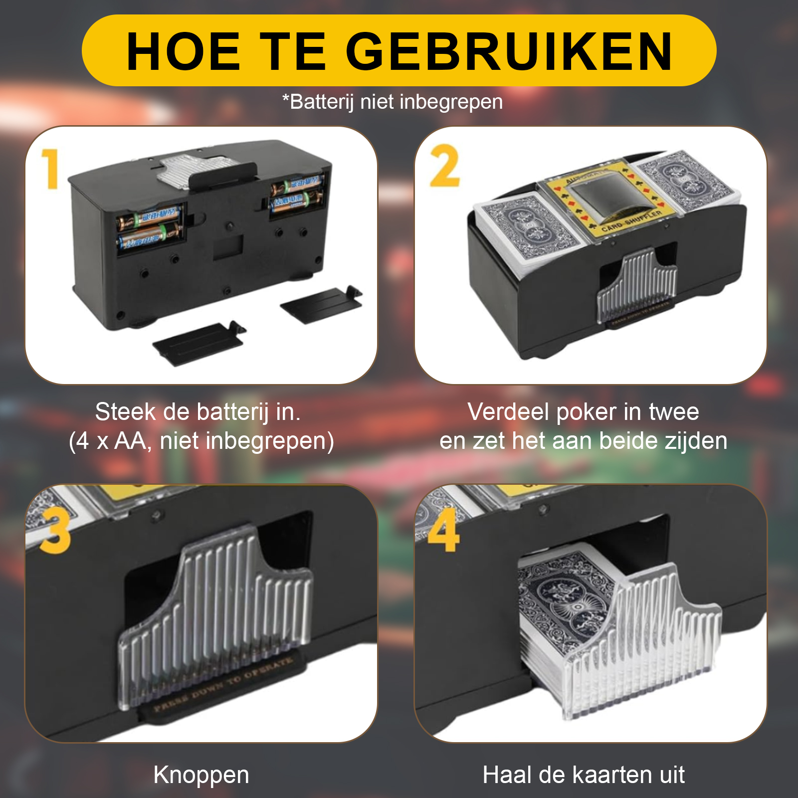 Anleitung: Batterien einlegen, Karten verteilen, Schalter bedienen, Karten entnehmen.
