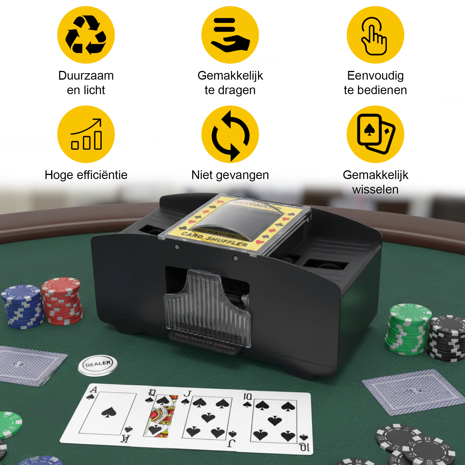 Ein automatischer Kartenmischer mit Pokerchips und Karten auf einem grünen Filztisch.
