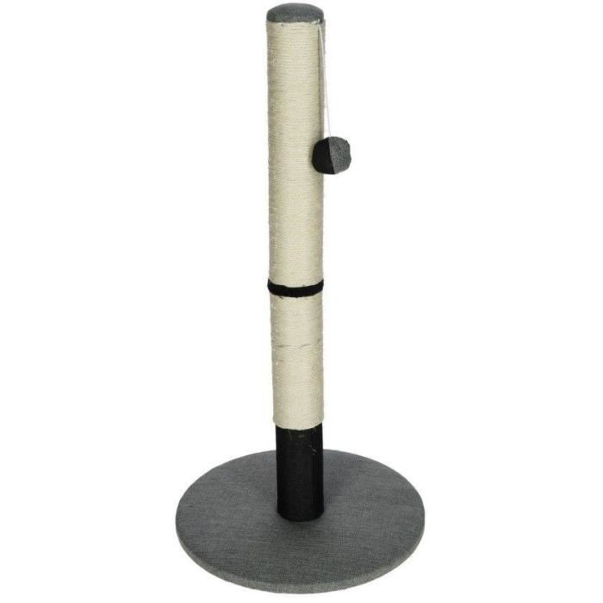 Un tiragraffi per gatti con base grigia, palo avvolto in beige e un giocattolo.