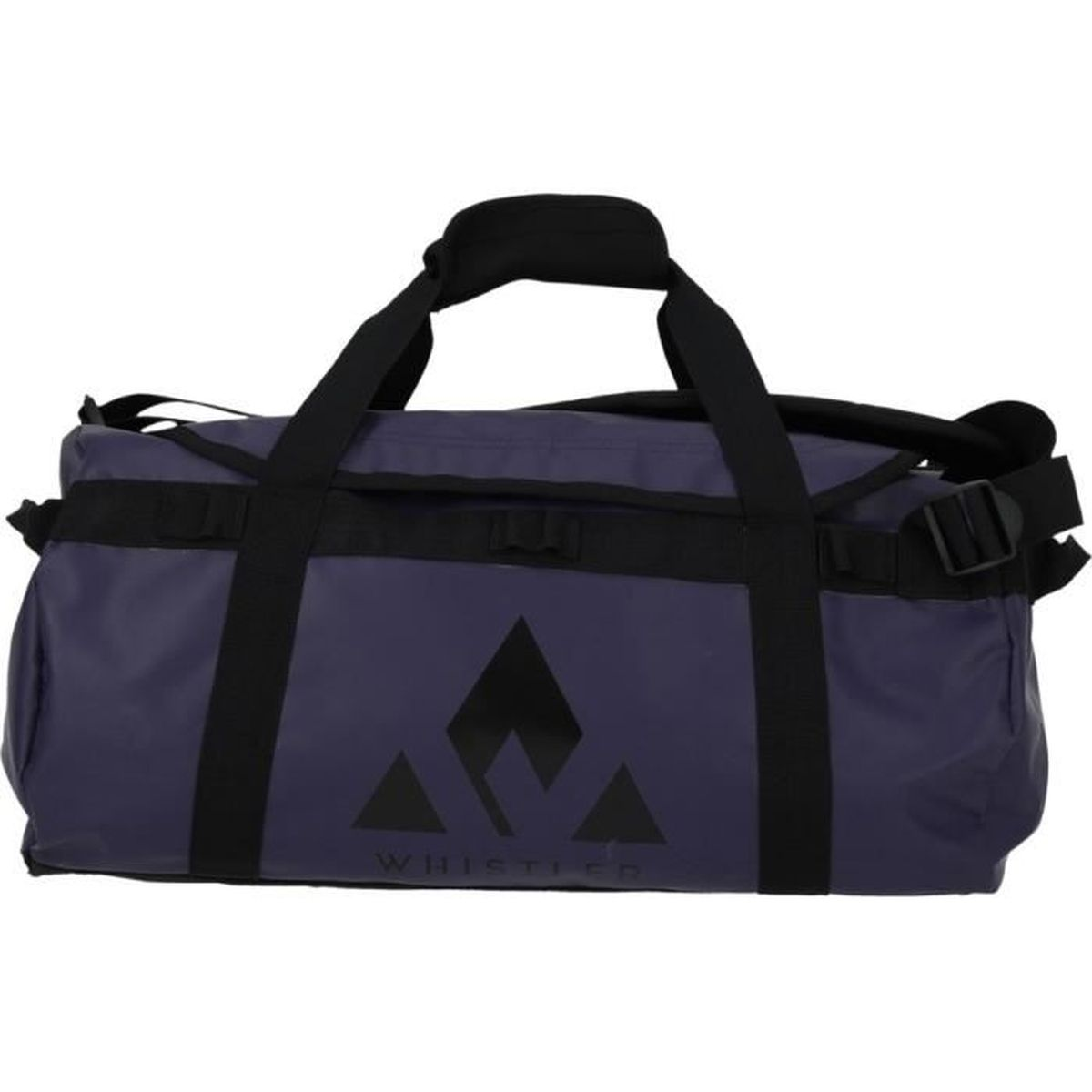 Dunkelblaue Reisetasche mit schwarzen Riemen und Logo.