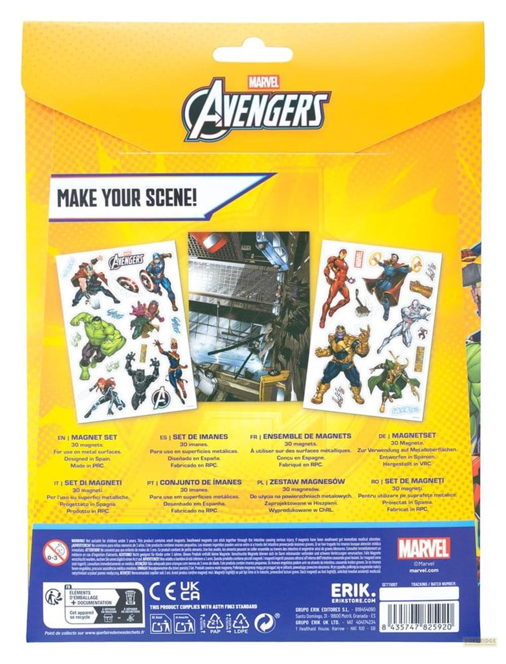 Marvel Avengers Magnetset mit 30 Figuren auf gelbem Hintergrund.