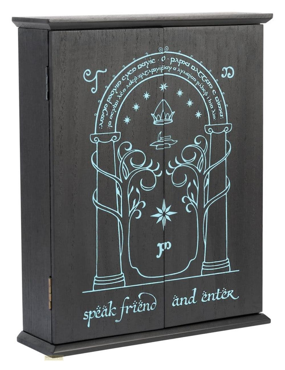 Ein schwarzer Schrank mit leuchtend blauer Runenschrift und Baumdesign.
