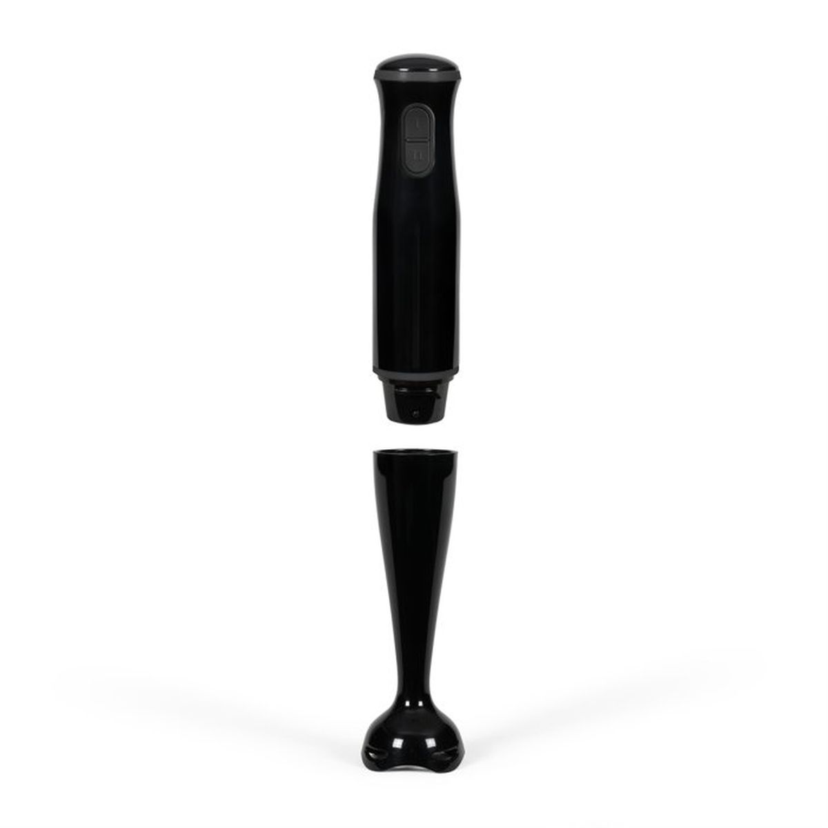 A black immersion blender with its detachable wand on a white background.