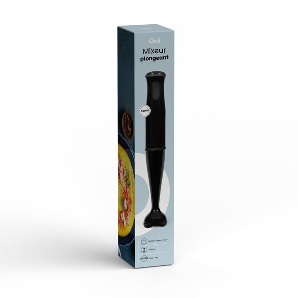 Black immersion blender with packaging, showing 500W power and 2 speeds.