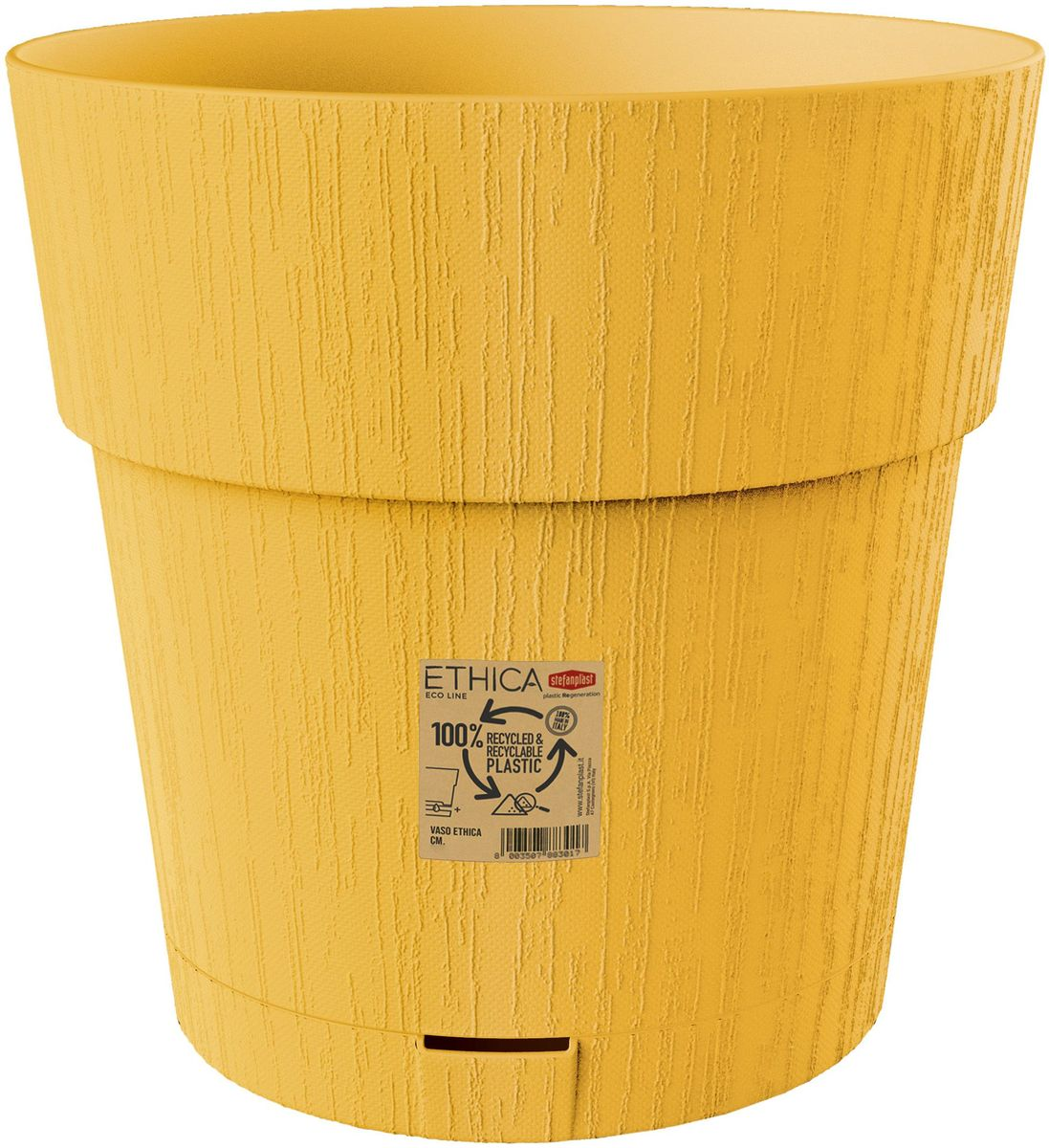 Ein gelber Blumentopf aus recyceltem Kunststoff mit texturierten Oberflächen.