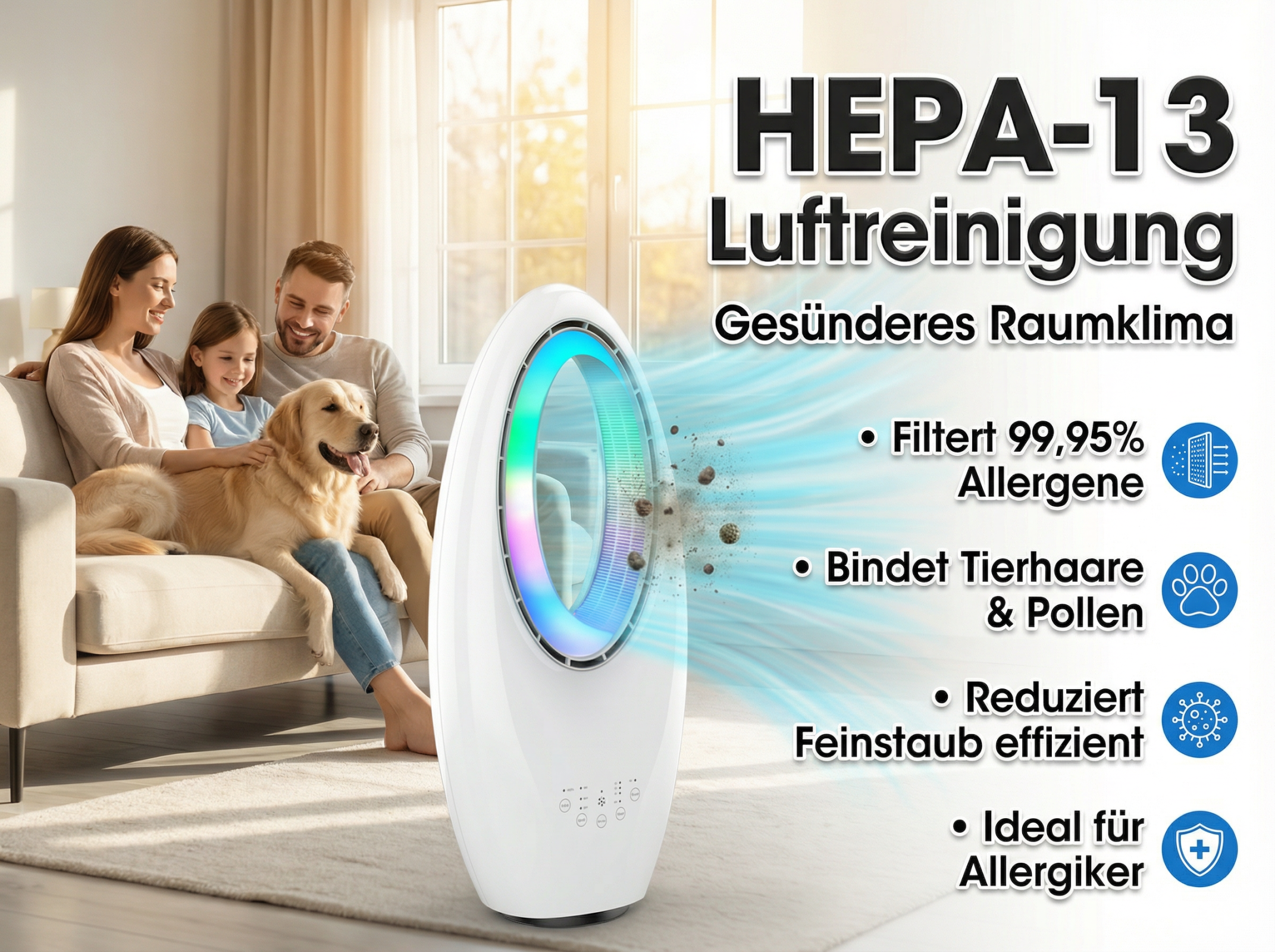 Familie mit Hund auf Sofa, HEPA-Luftreiniger mit bunten Lichtern und Partikeln.