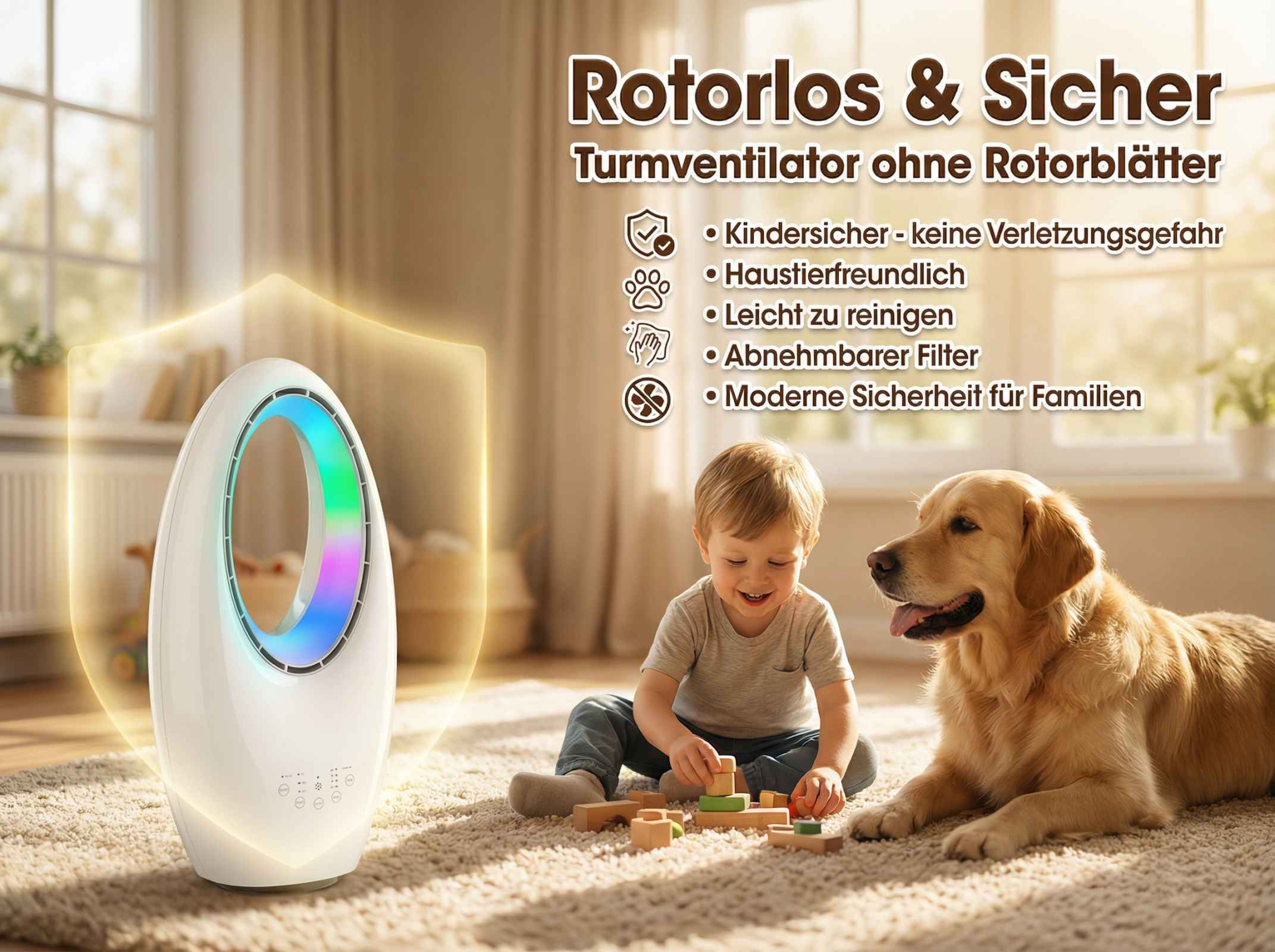 Ein weißer Turmventilator mit bunten Lichtern steht neben einem Jungen und einem Hund.