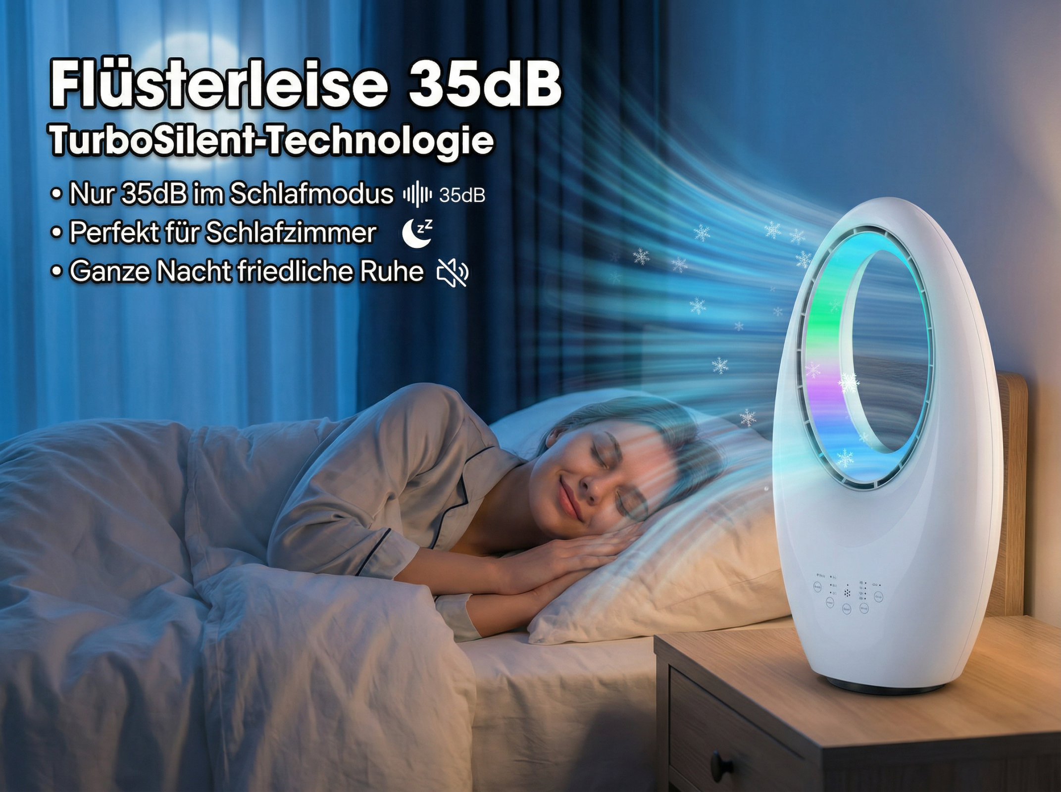 Frau schläft im Bett; ein leiser Ventilator mit Farbwechsel-LEDs steht daneben.