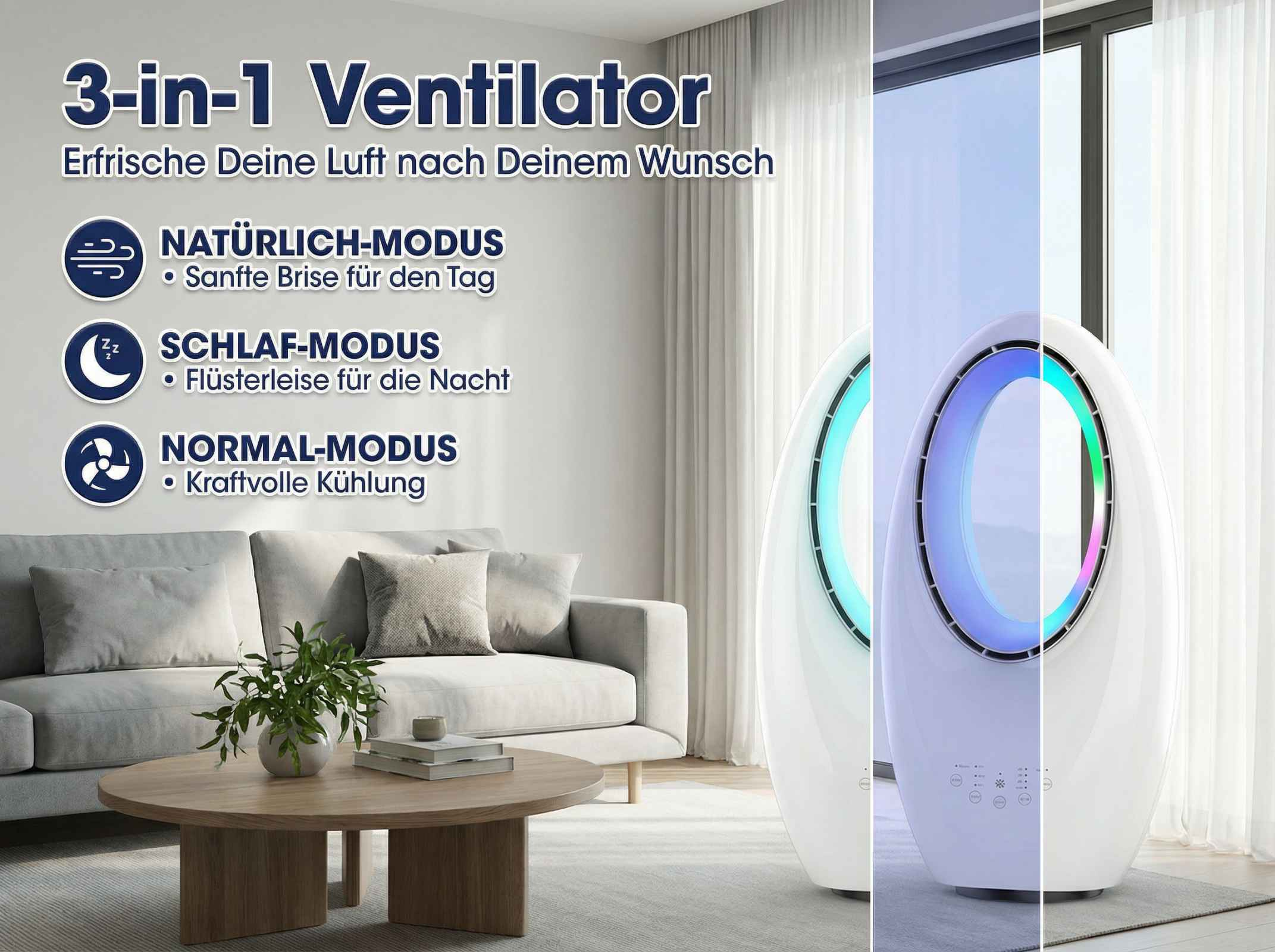 Ein moderner 3-in-1 Ventilator mit verschiedenen Modi in einem Wohnzimmer.