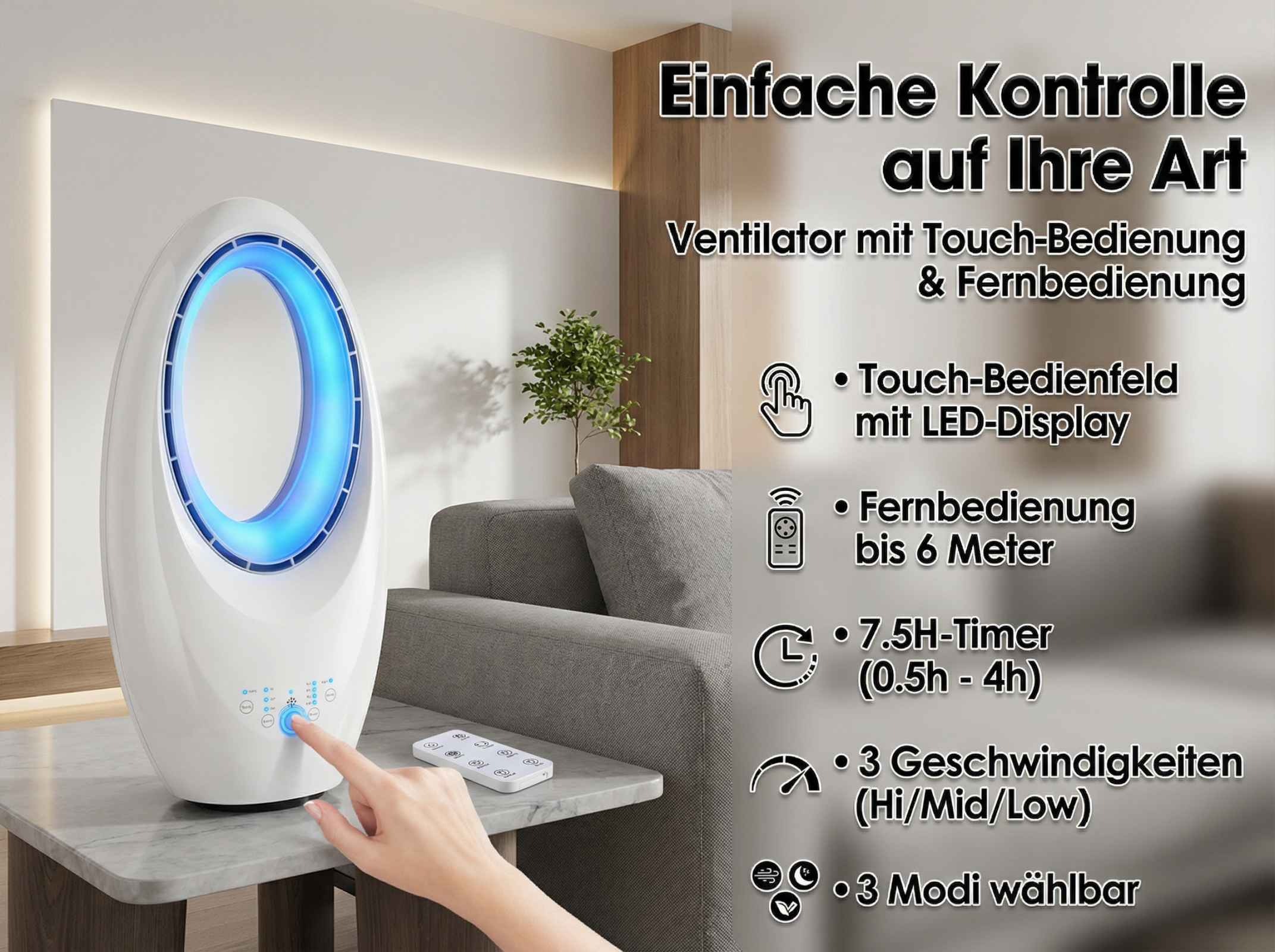 Moderner weißer Ventilator mit blauer LED-Beleuchtung und Fernbedienung.