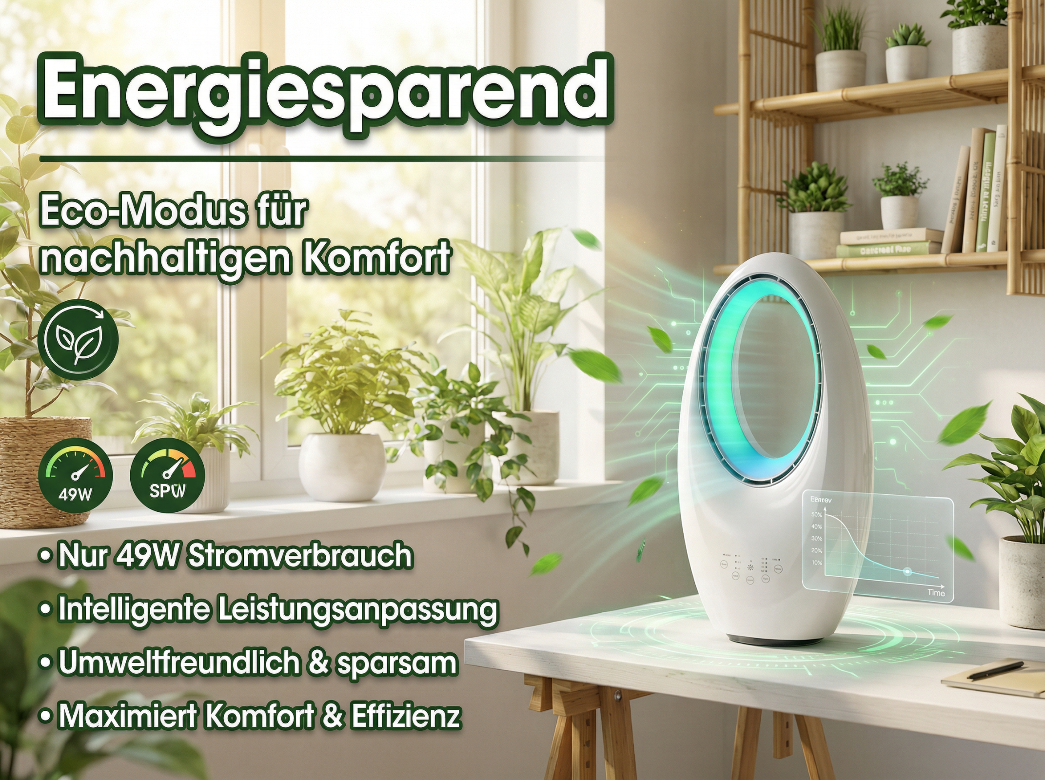 Ein weißer Standlüfter mit Eco-Modus steht auf einem Tisch. Pflanzen sind im Hintergrund.