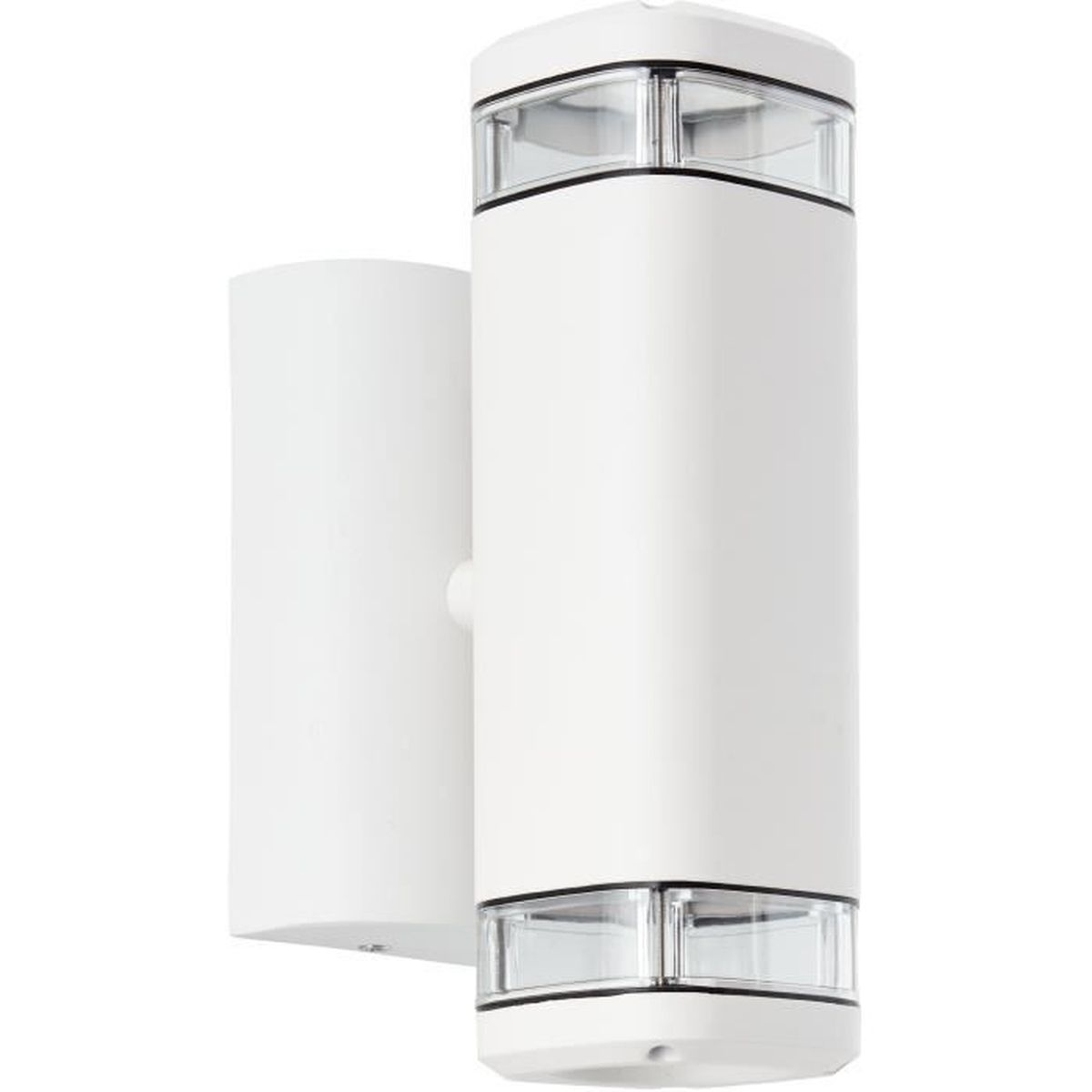 Eine weiße Wandleuchte mit zwei zylindrischen Lampen und klaren Glasakzenten.