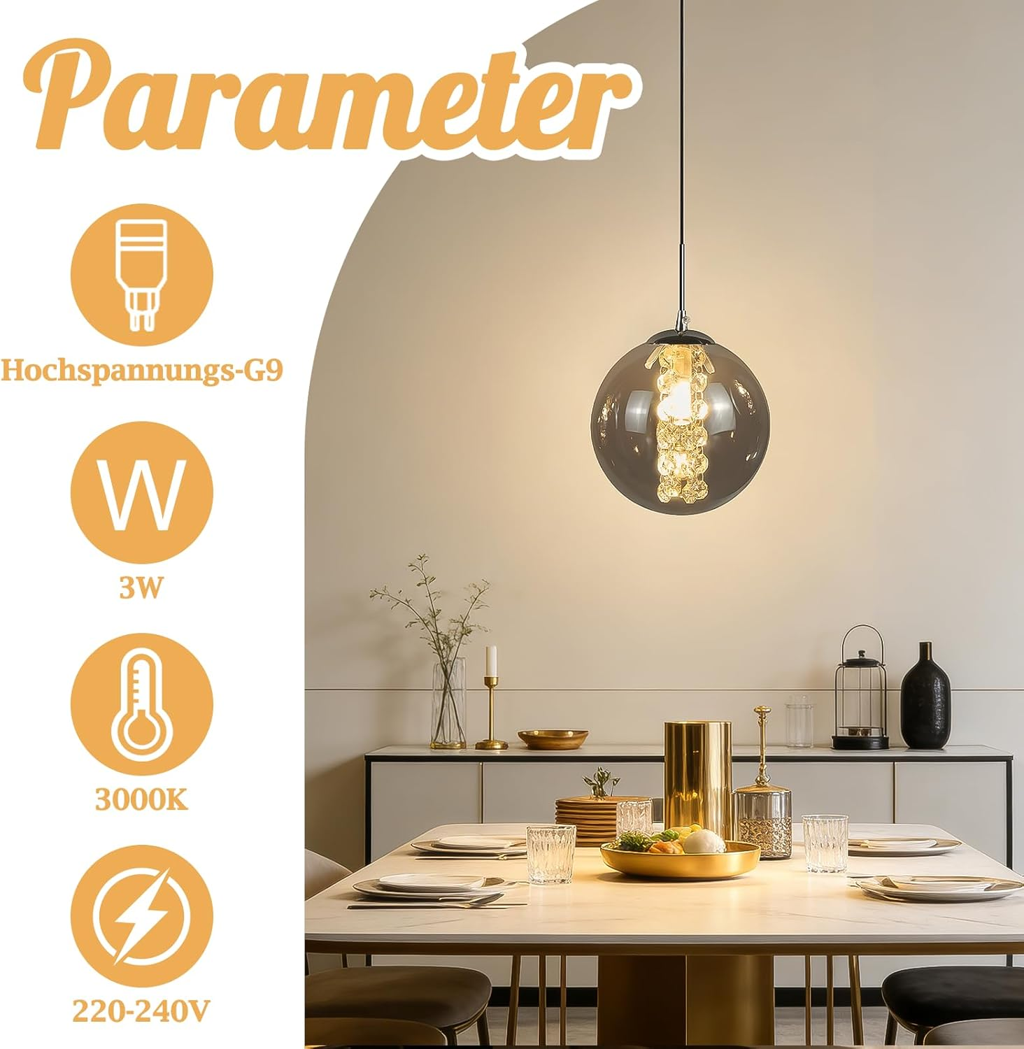 Lampada a sospensione sopra un tavolo da pranzo con decorazioni. Specifiche tecniche a sinistra.