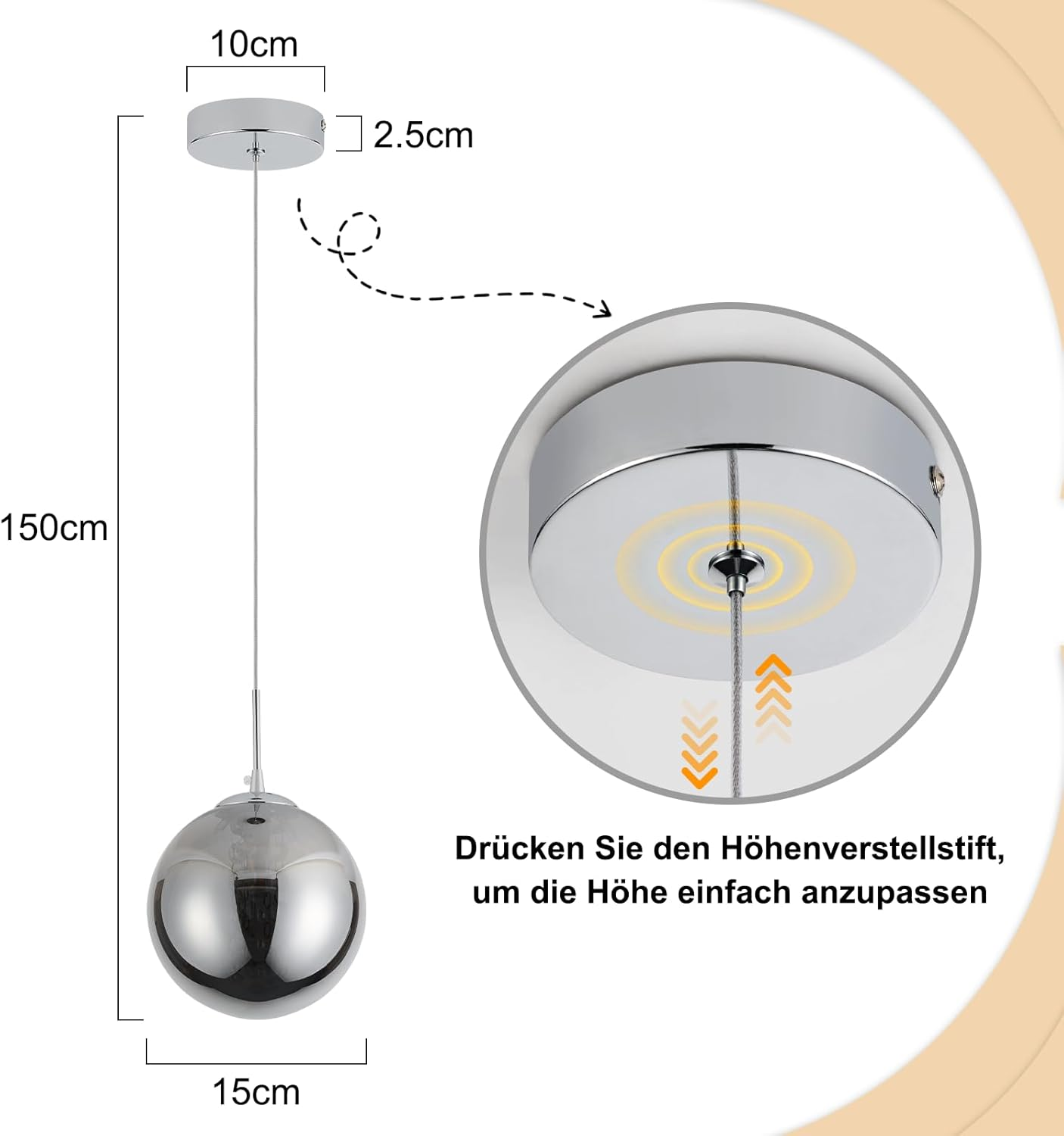 Una lampada a sospensione argentata con sfera, che mostra le dimensioni 10cm, 2.5cm, 150cm e 15cm.