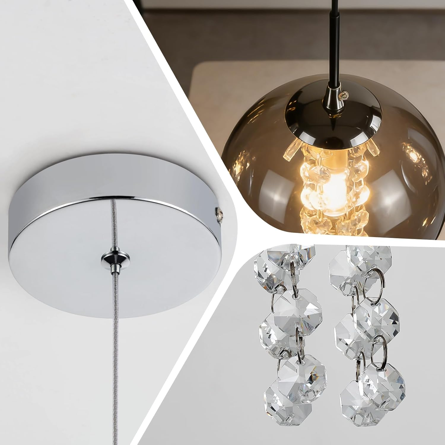 Lampada a sospensione con vetro fumé, gocce di cristallo e attacco a soffitto.