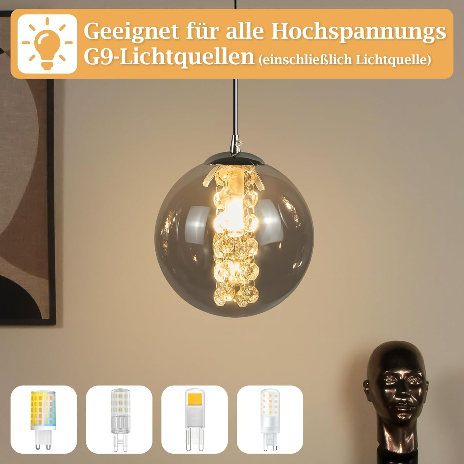 Lampada a sospensione con sfera di vetro, cristalli e lampadine G9.