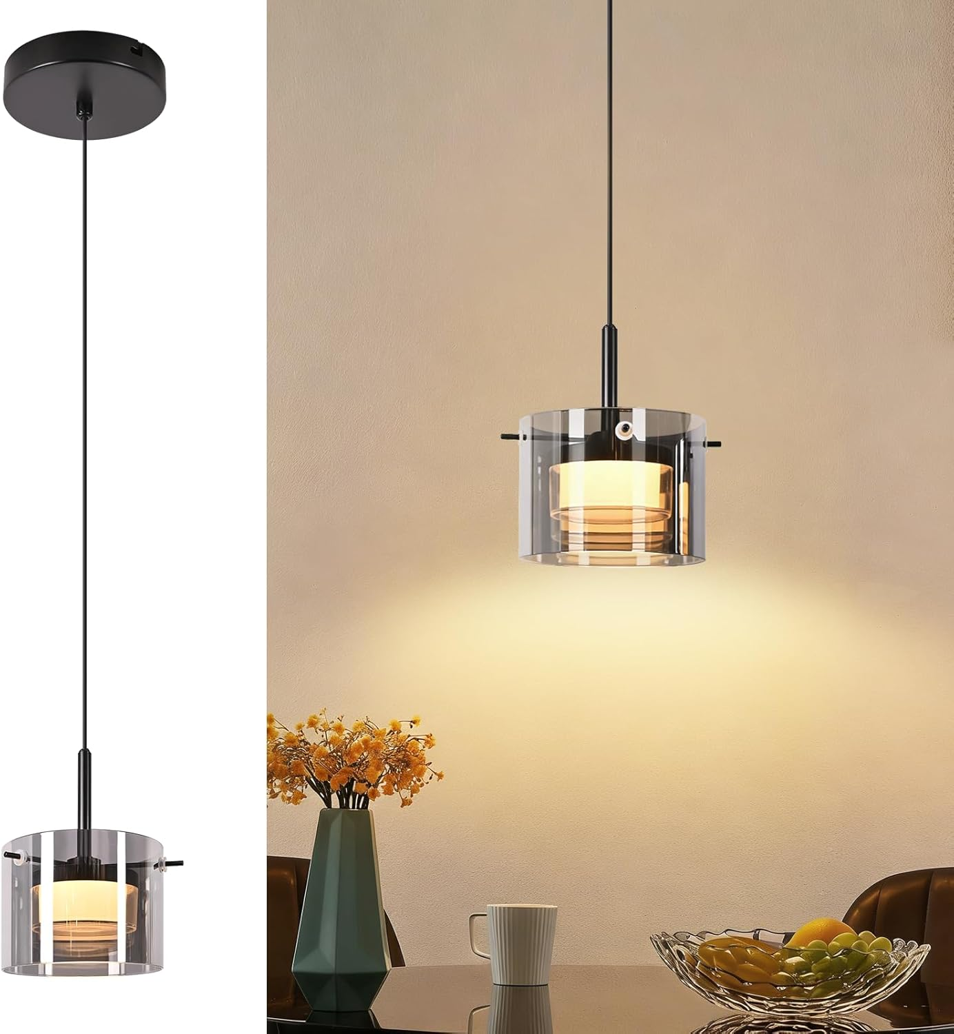 Lampada a sospensione moderna con cilindro in vetro e rosone nero.