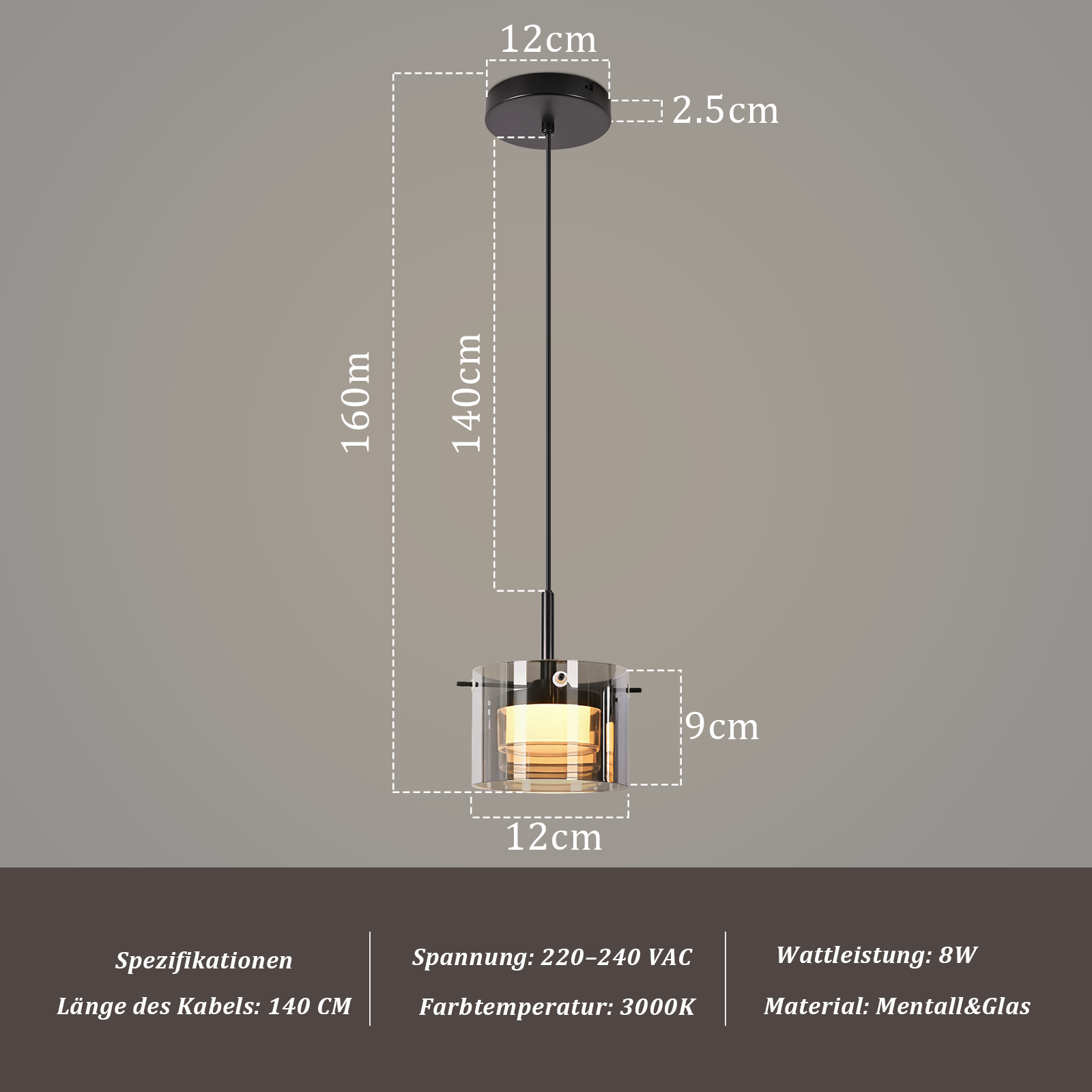 Lampada a sospensione nera con paralume in vetro e lampadina. Dimensioni indicate.
